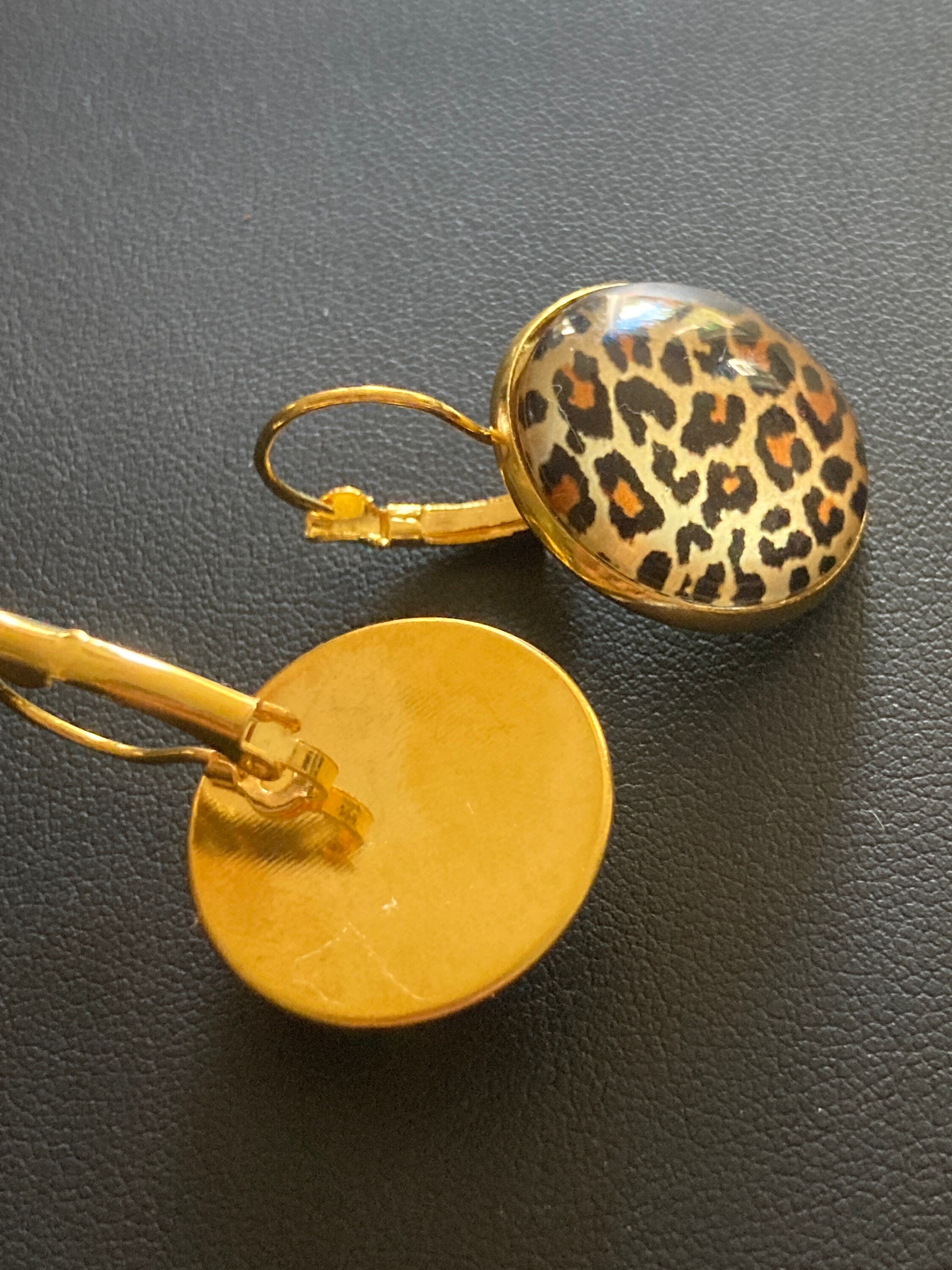 Brown Leopard print drop earrings round glass cabochon