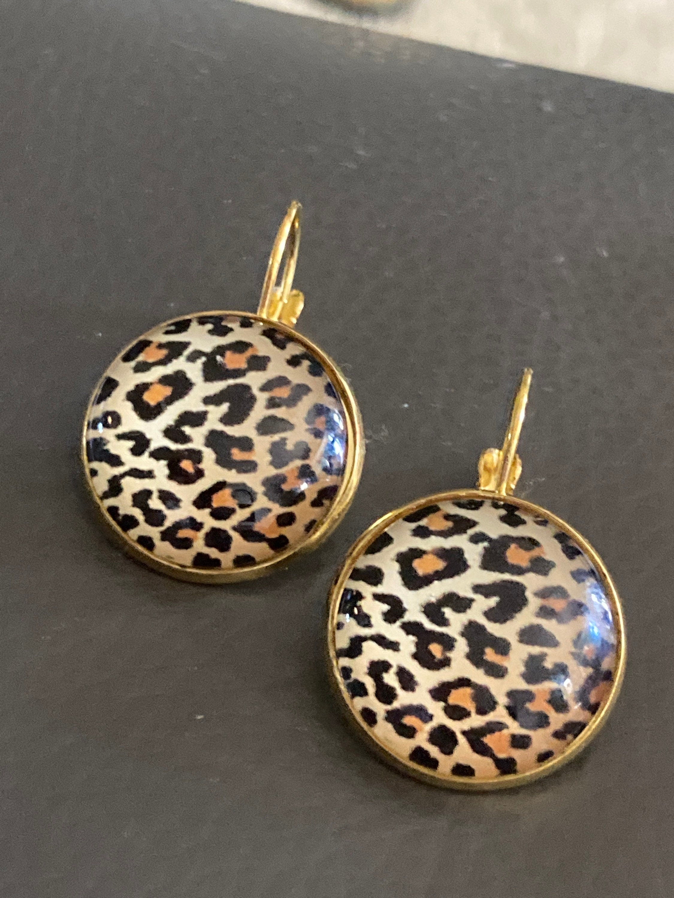 Brown Leopard print drop earrings round glass cabochon