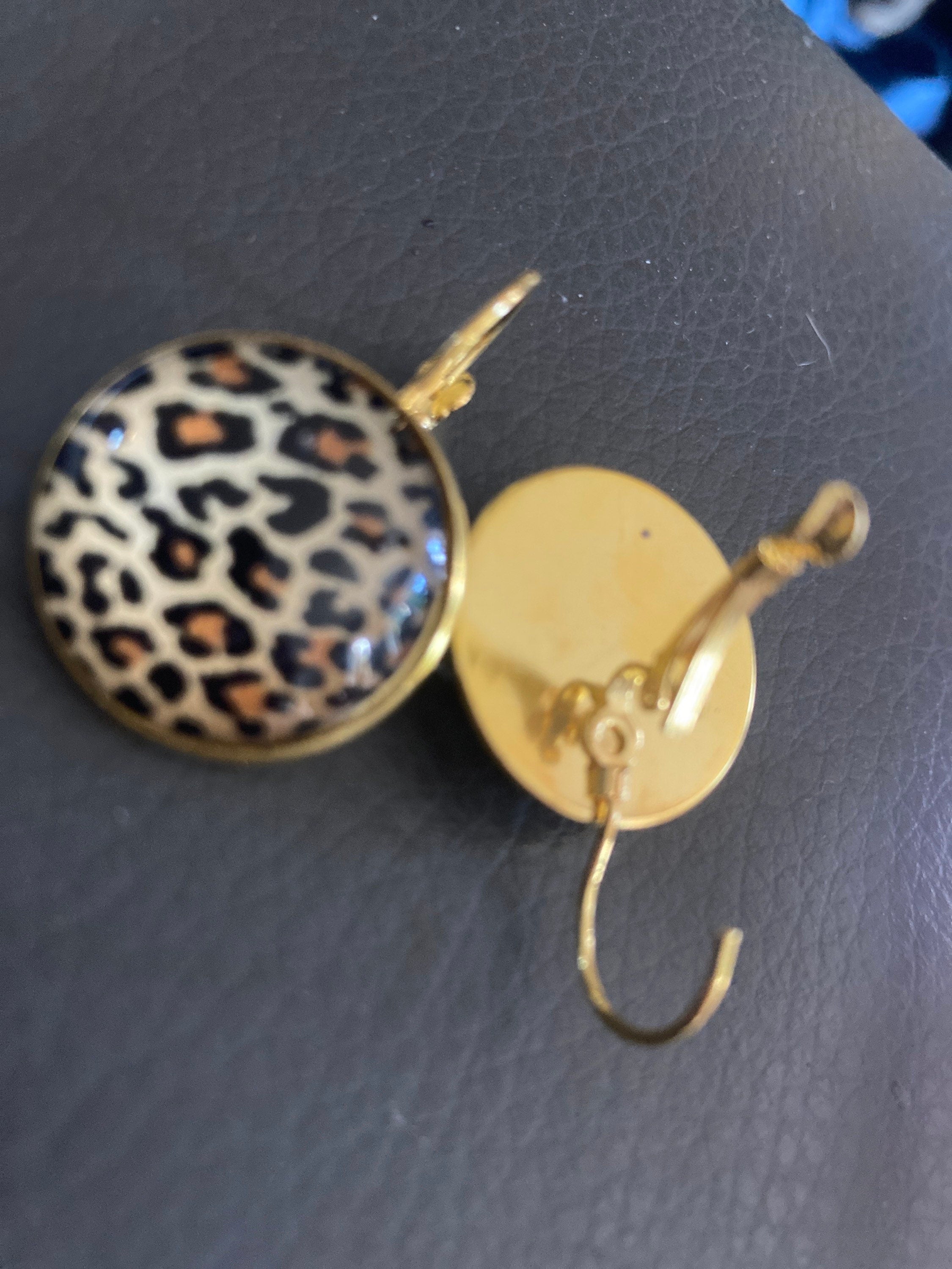Brown Leopard print drop earrings round glass cabochon