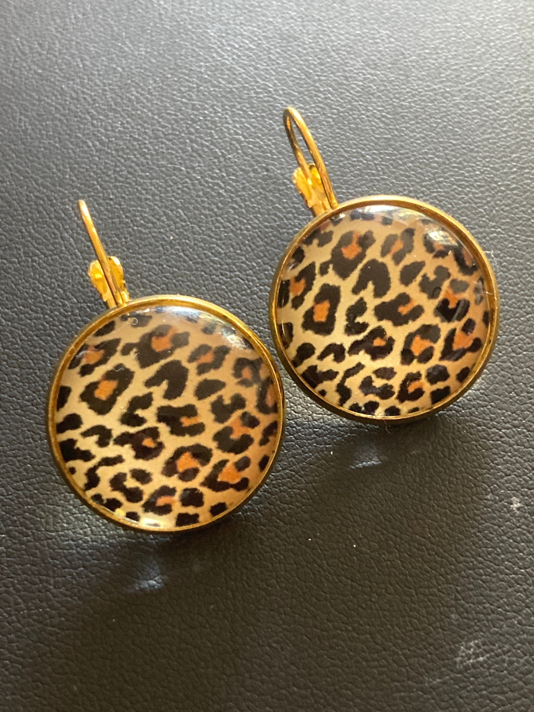 Brown Leopard print drop earrings round glass cabochon