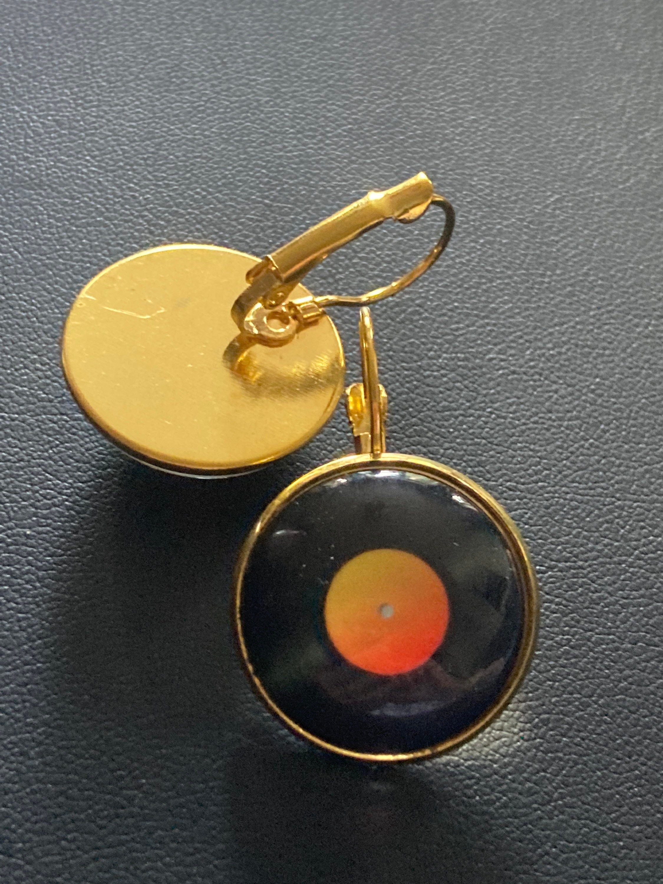20mm novelty Vinyl record drop earrings retro Black orange gold tone