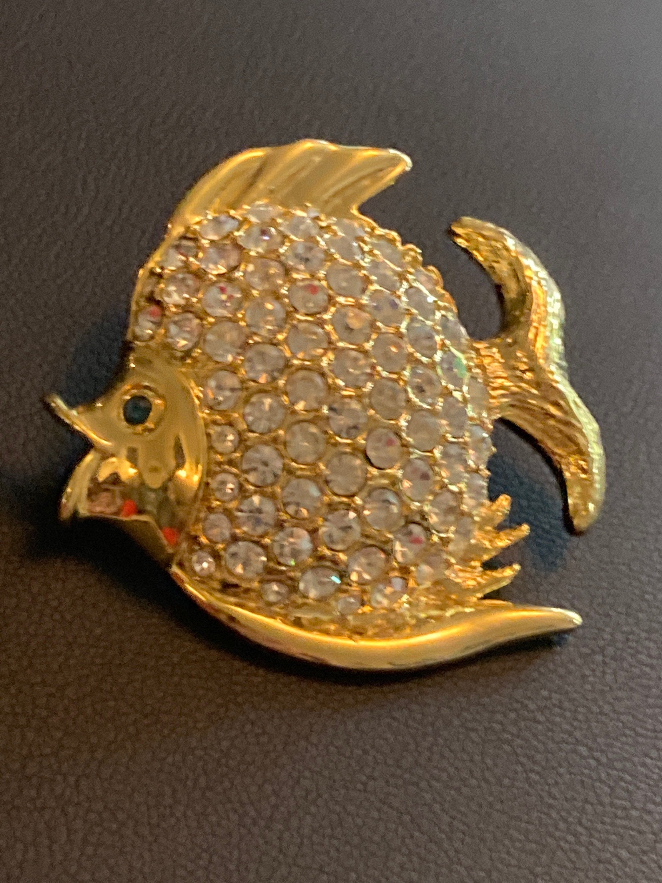 vintage diamanté fish brooch paste rhinestone gold tone