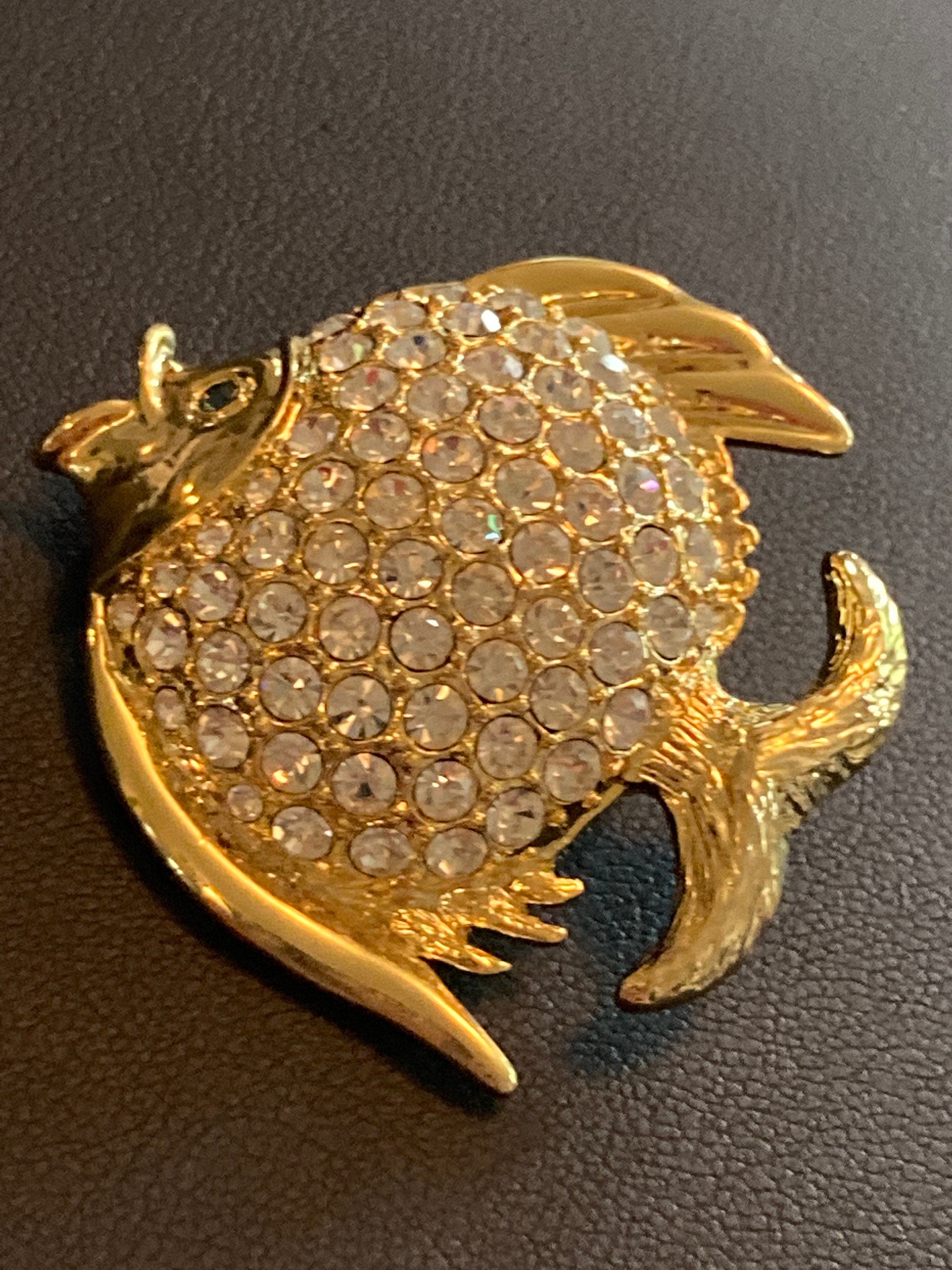 vintage diamanté fish brooch paste rhinestone gold tone