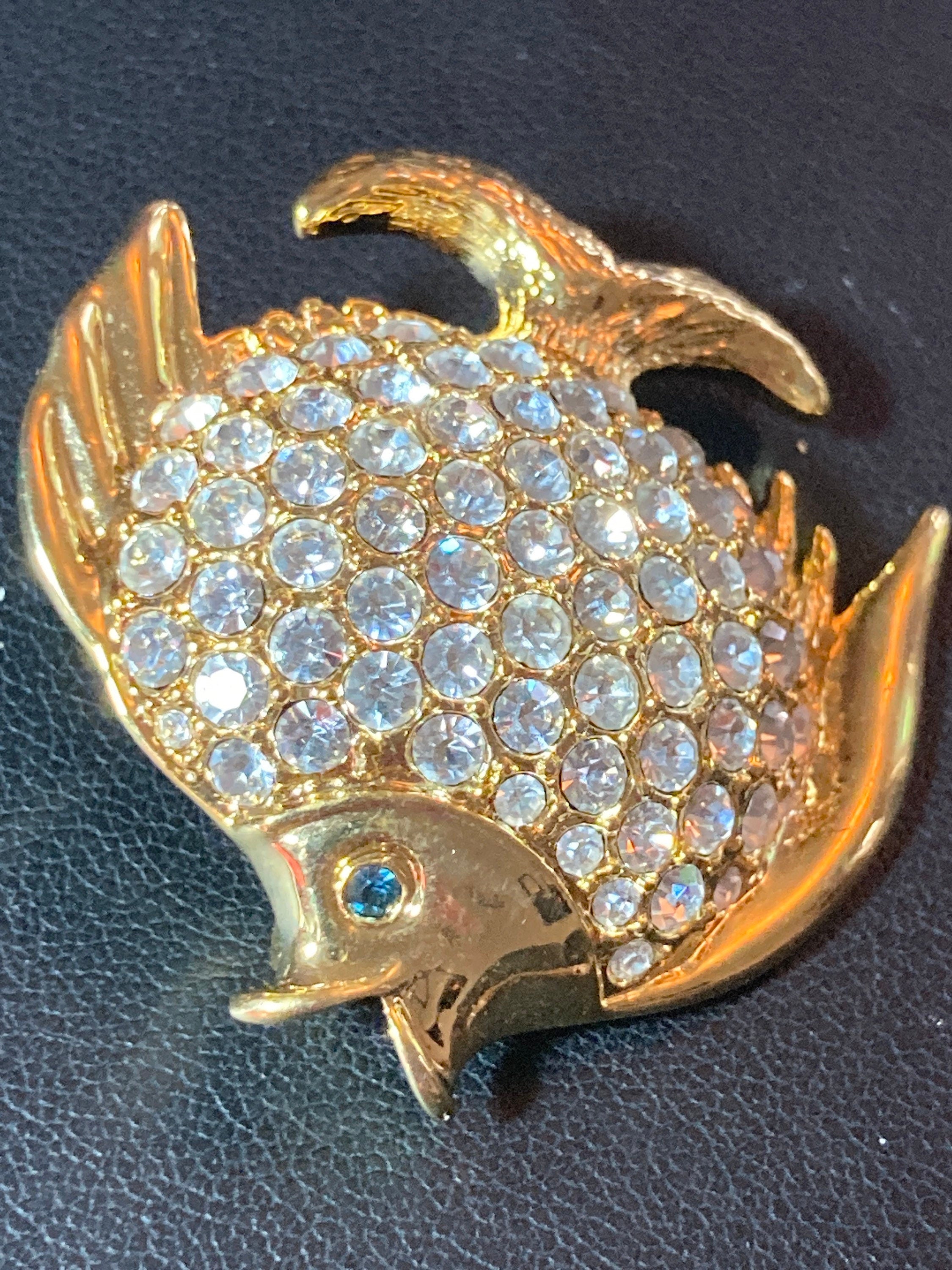 vintage diamanté fish brooch paste rhinestone gold tone