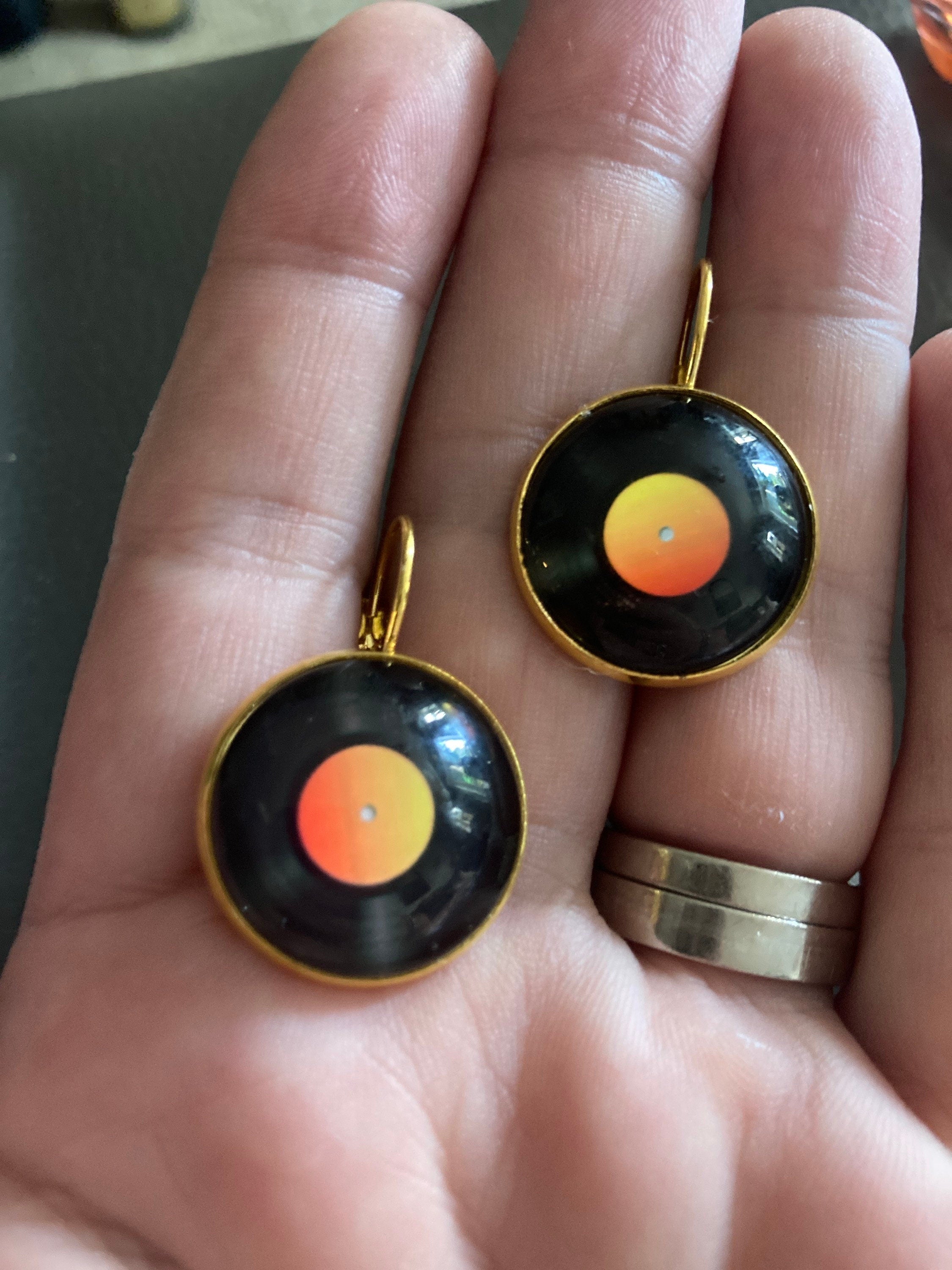 20mm novelty Vinyl record drop earrings retro Black orange gold tone