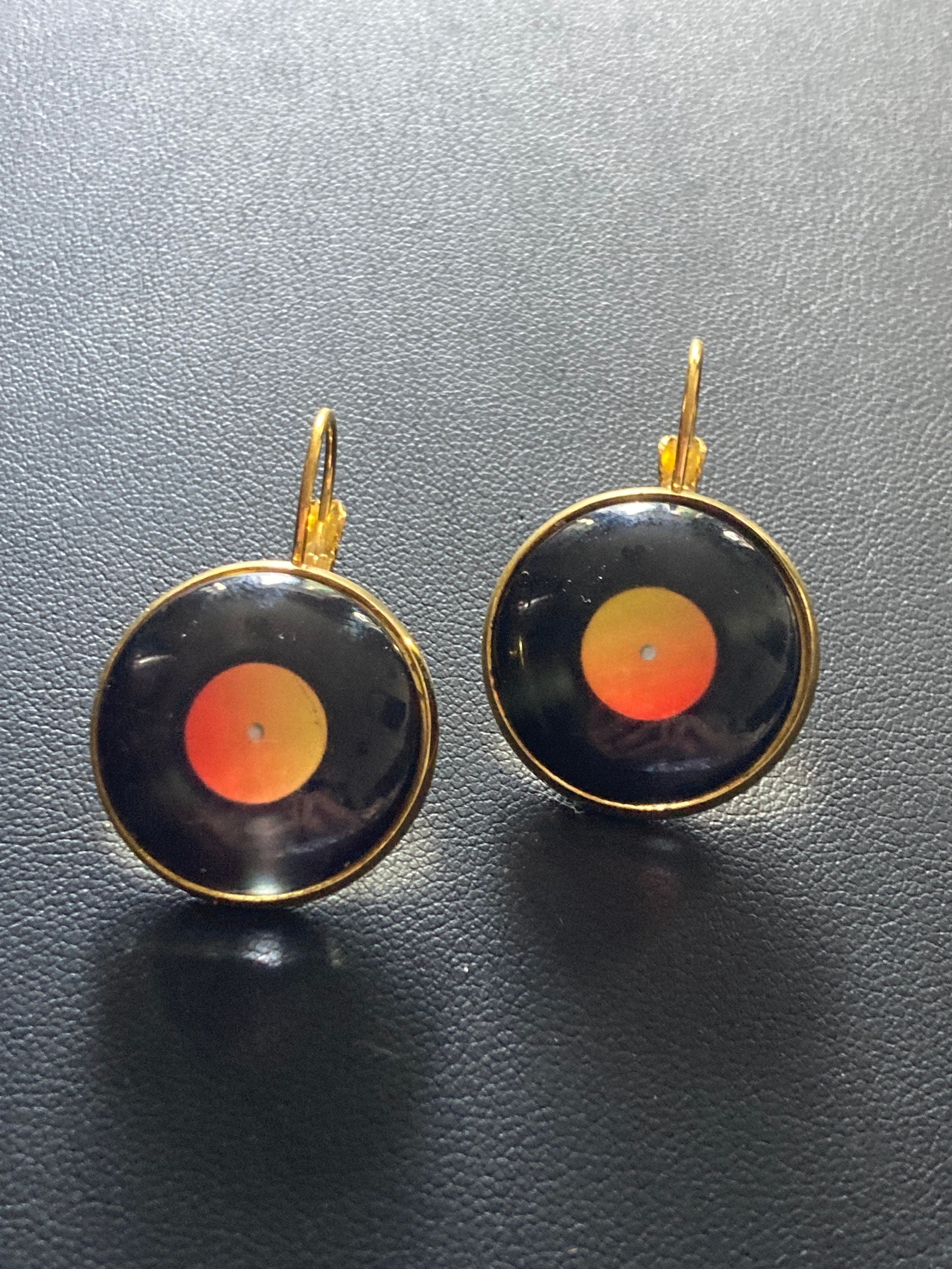 20mm novelty Vinyl record drop earrings retro Black orange gold tone
