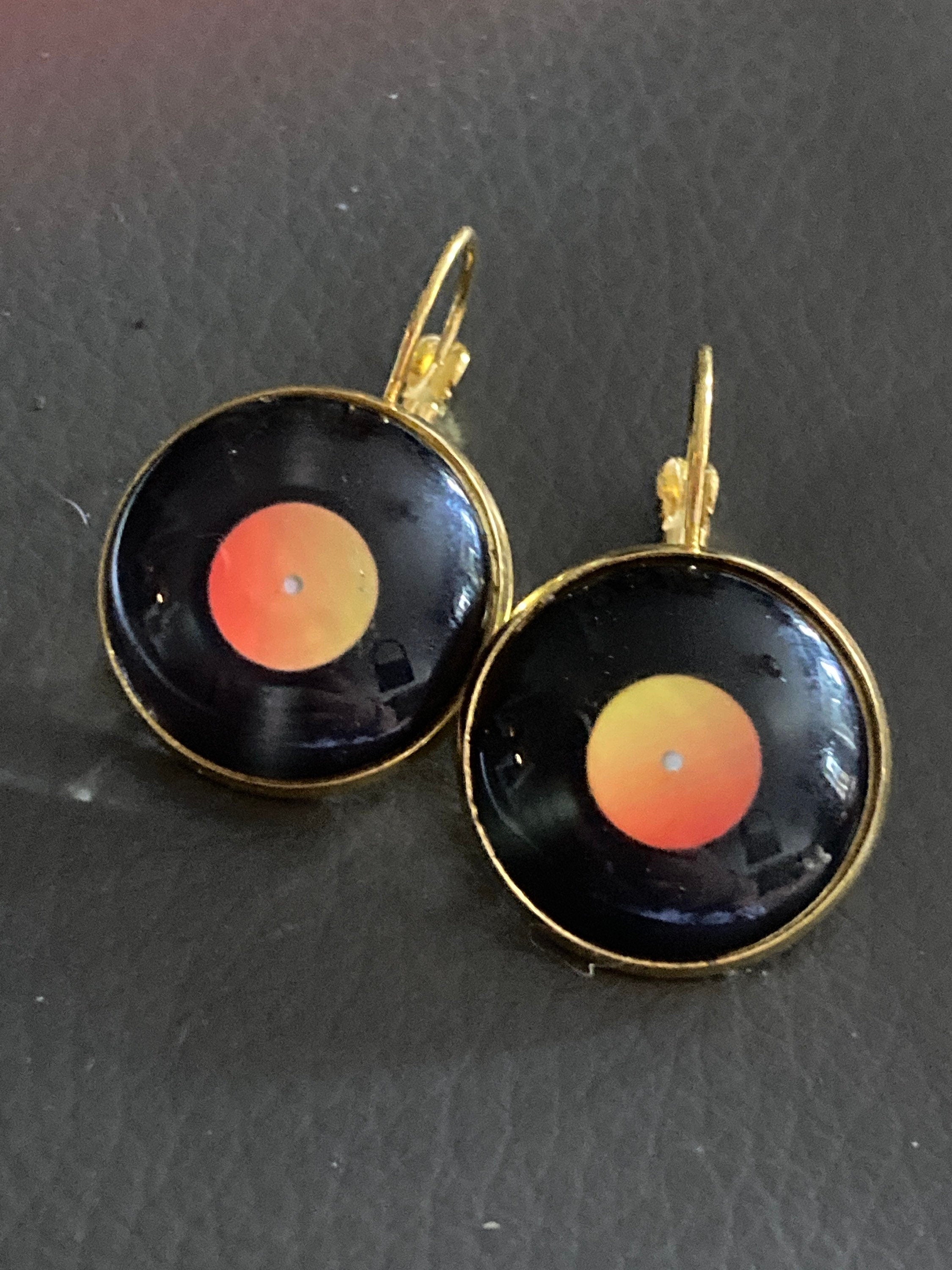 20mm novelty Vinyl record drop earrings retro Black orange gold tone