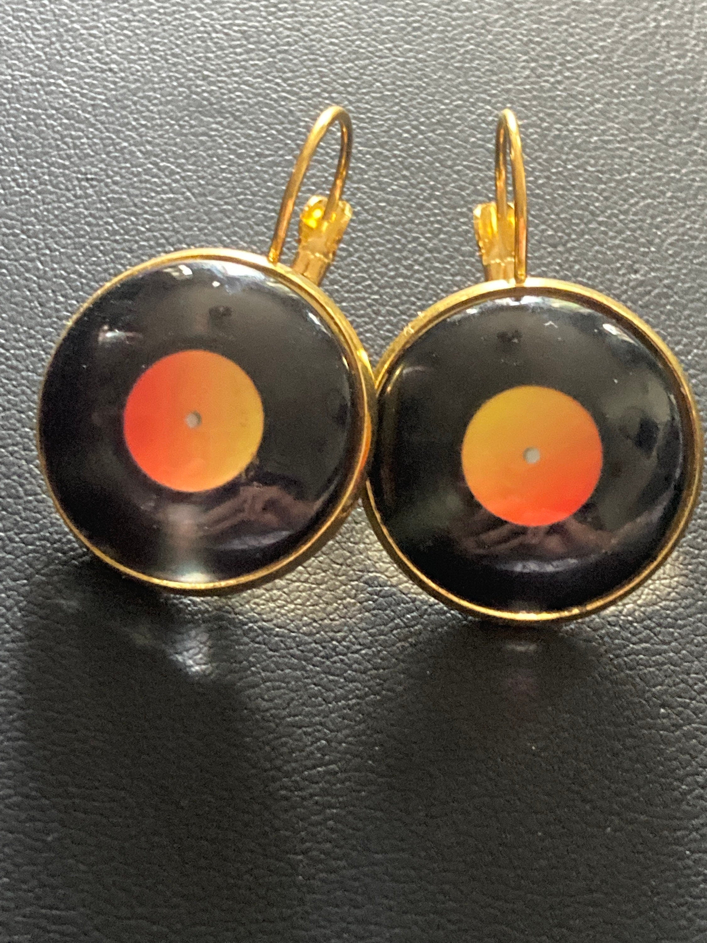 20mm novelty Vinyl record drop earrings retro Black orange gold tone
