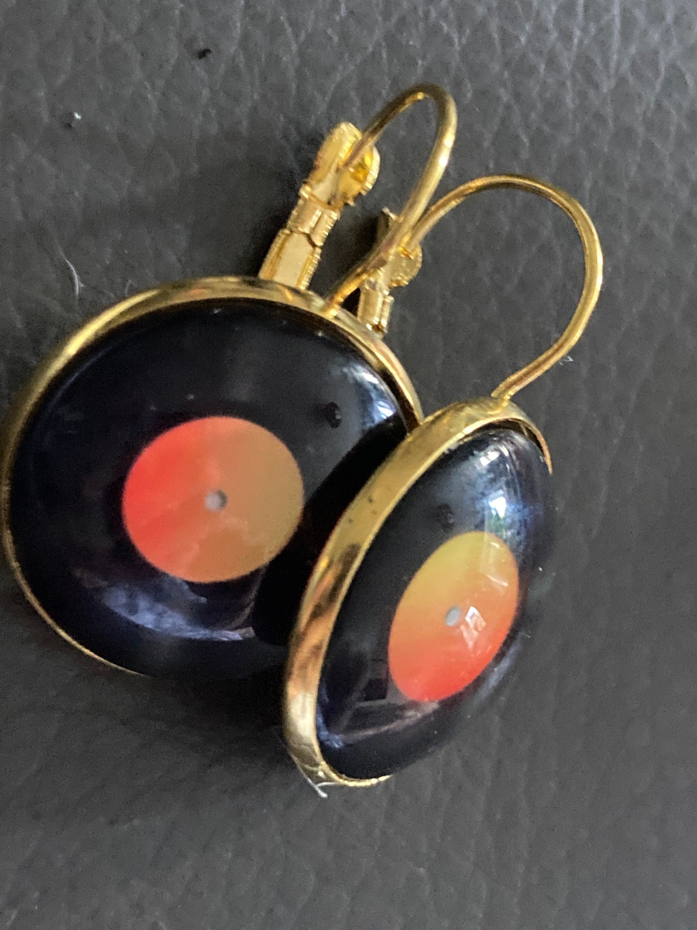 20mm novelty Vinyl record drop earrings retro Black orange gold tone