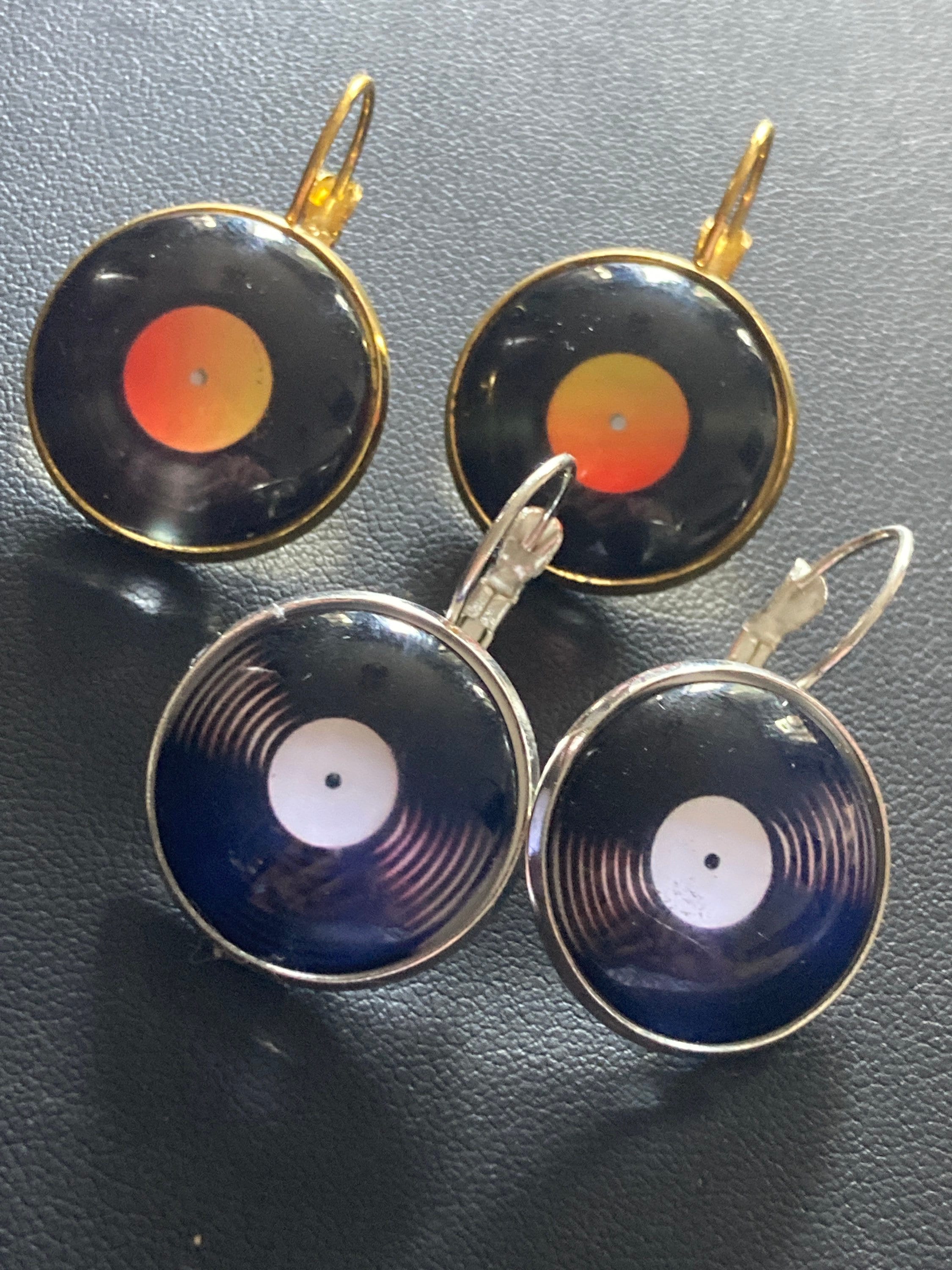 20mm novelty Vinyl record drop earrings retro Black orange gold tone