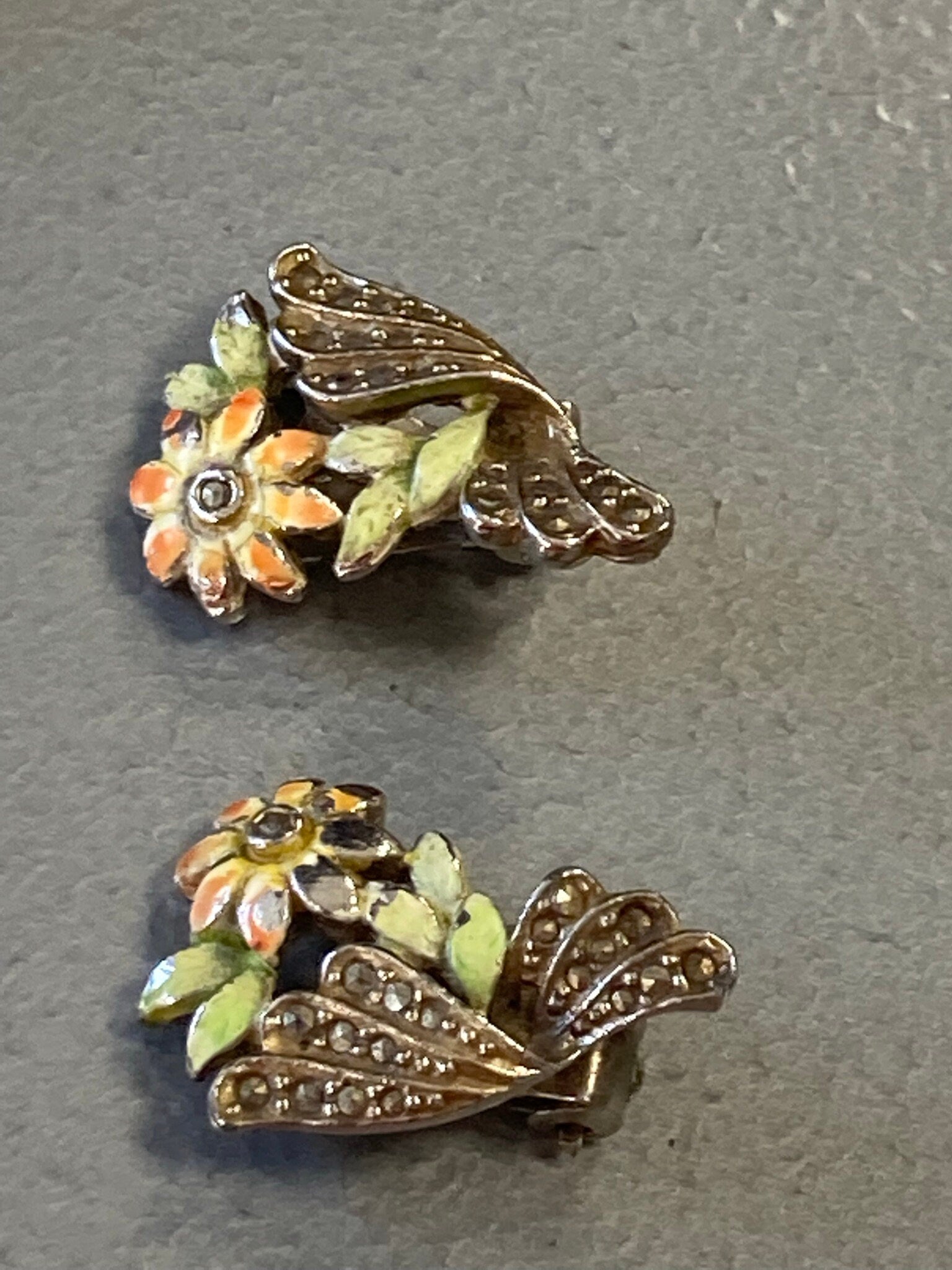 yellow green orange enamel marcasite rhinestones floral silver tone clip On stud Earrings