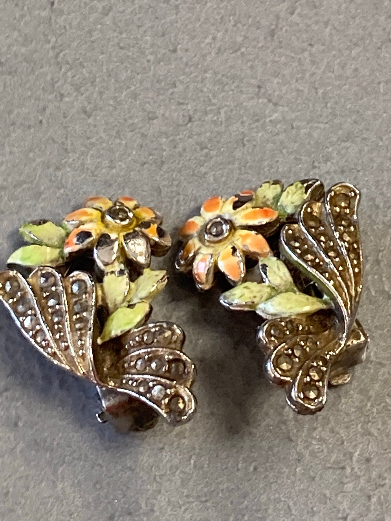 yellow green orange enamel marcasite rhinestones floral silver tone clip On stud Earrings