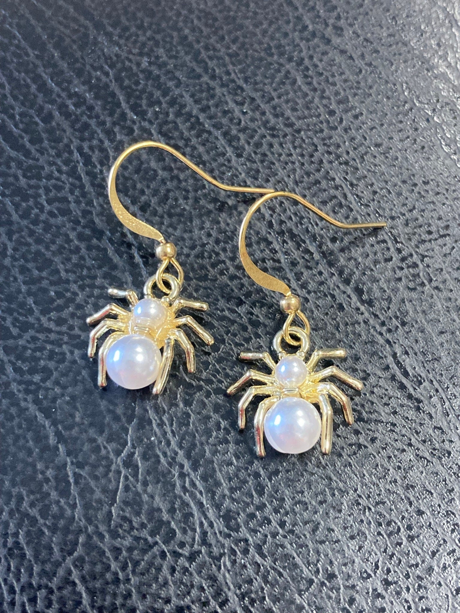 small Spider earrings , pearl drop Handmade gold tone