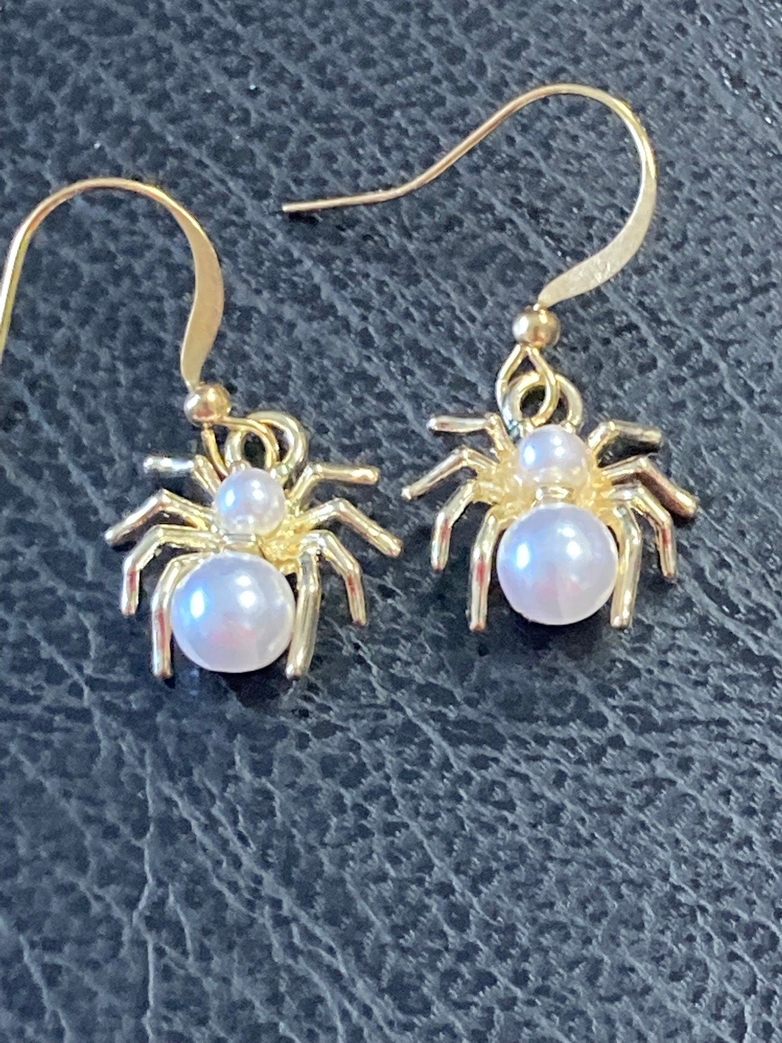 small Spider earrings , pearl drop Handmade gold tone