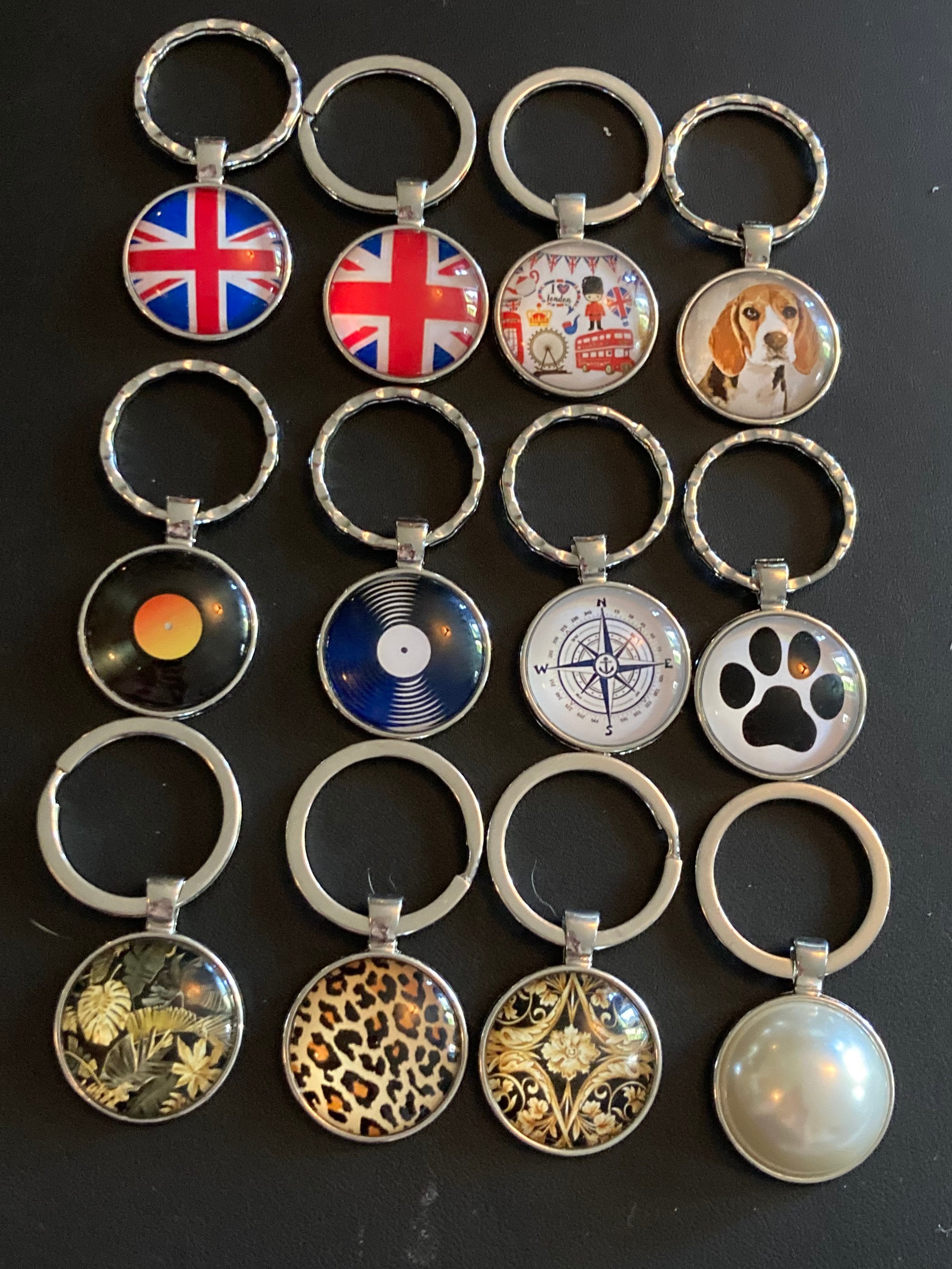 vinyl record keyring LP 45rpm DJ gift 25mm silver glass cabochon 80s