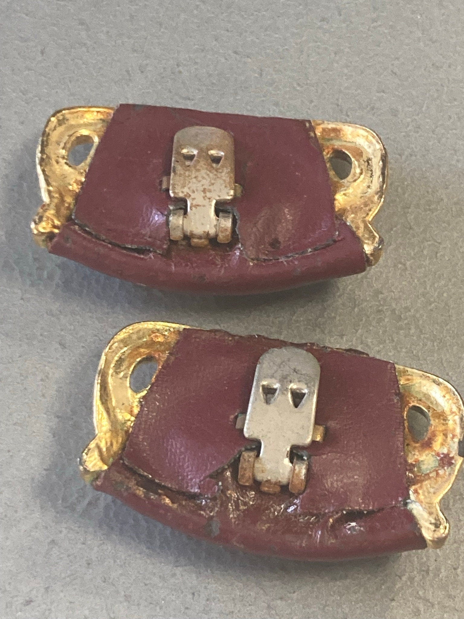 pair of Maroon Burgundy Oxblood red leather and gold tone shoe clips