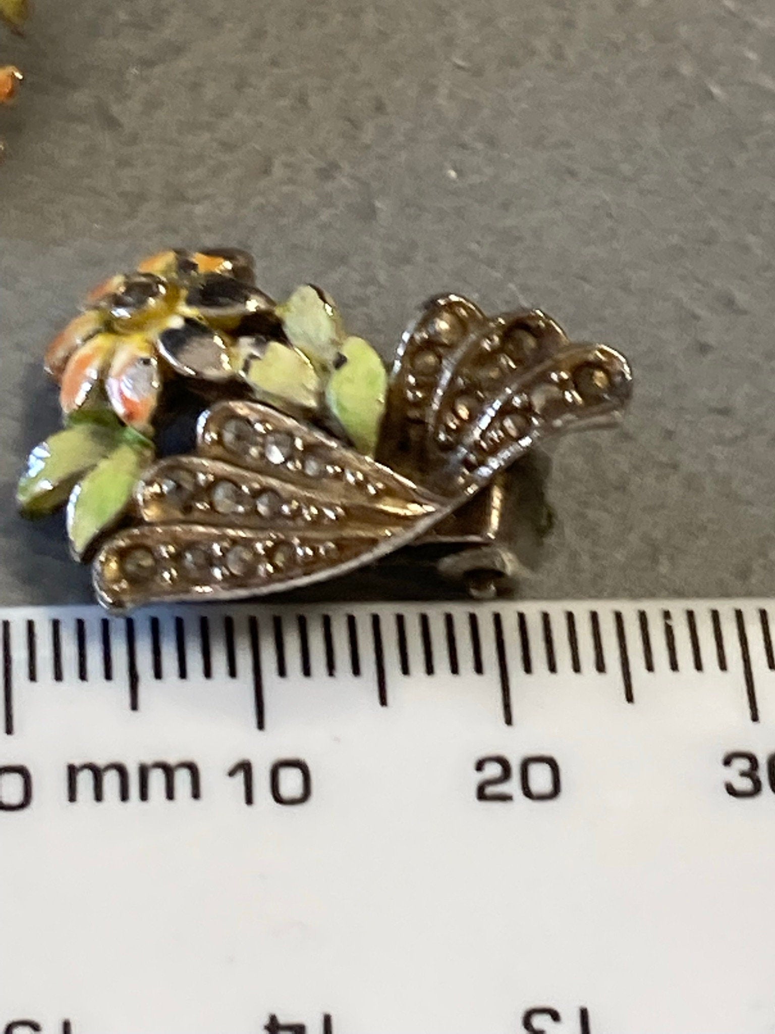 yellow green orange enamel marcasite rhinestones floral silver tone clip On stud Earrings