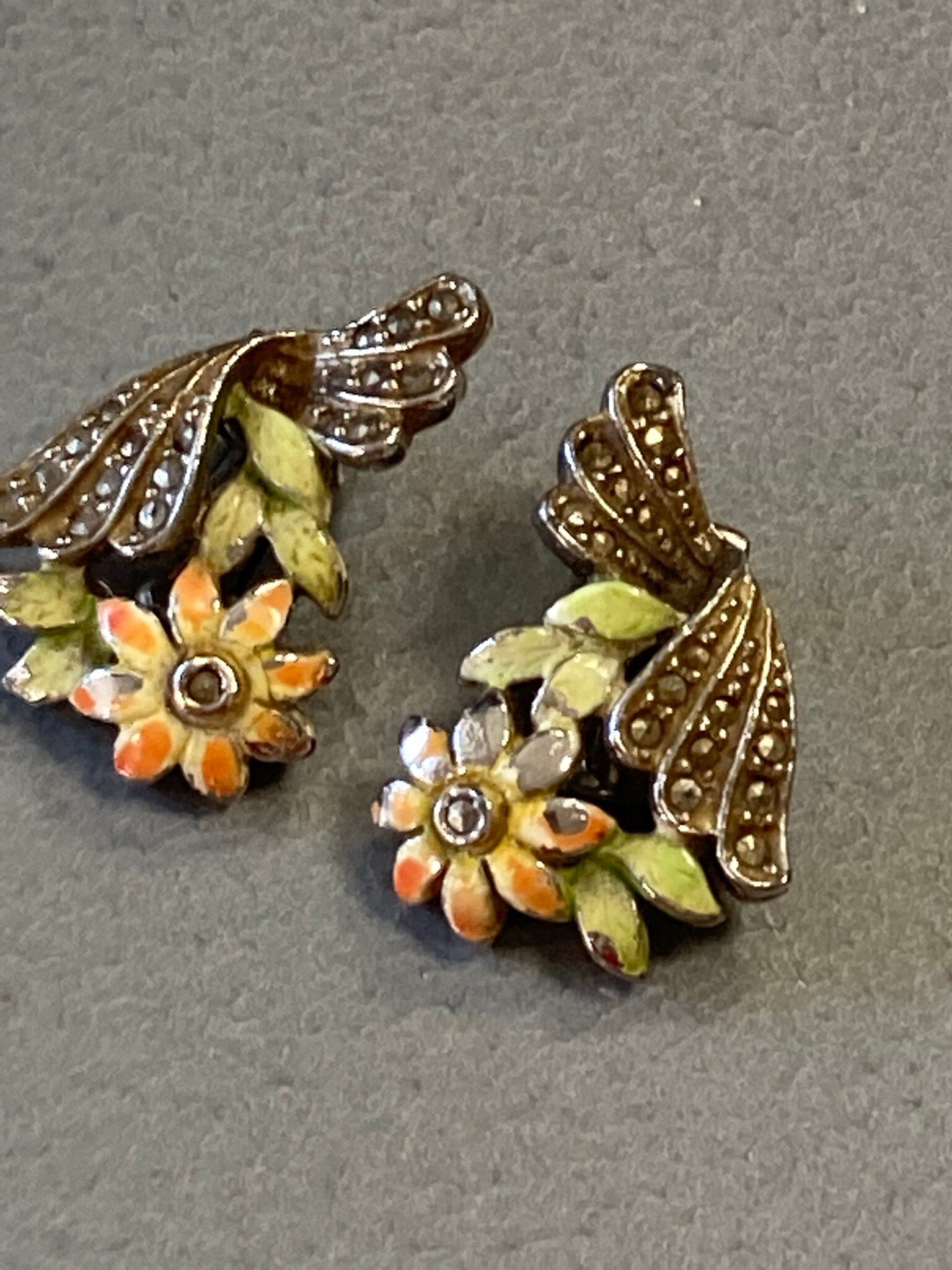 yellow green orange enamel marcasite rhinestones floral silver tone clip On stud Earrings