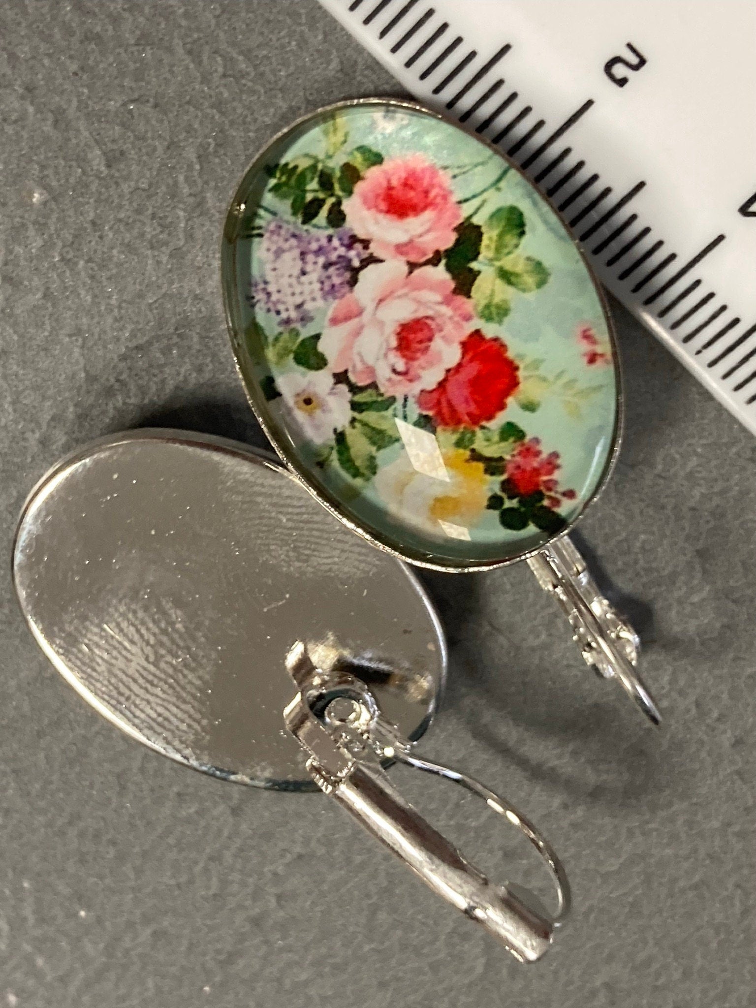 Red Pink roses Spring garden flowers oval glass cabochon floral earrings