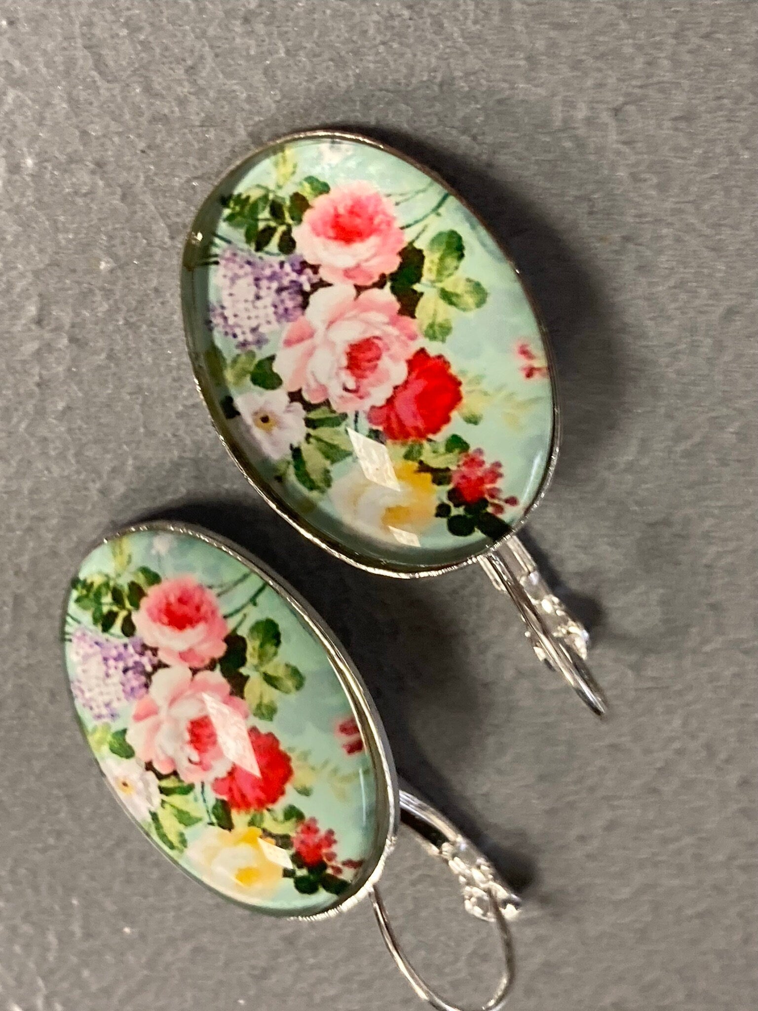 Red Pink roses Spring garden flowers oval glass cabochon floral earrings