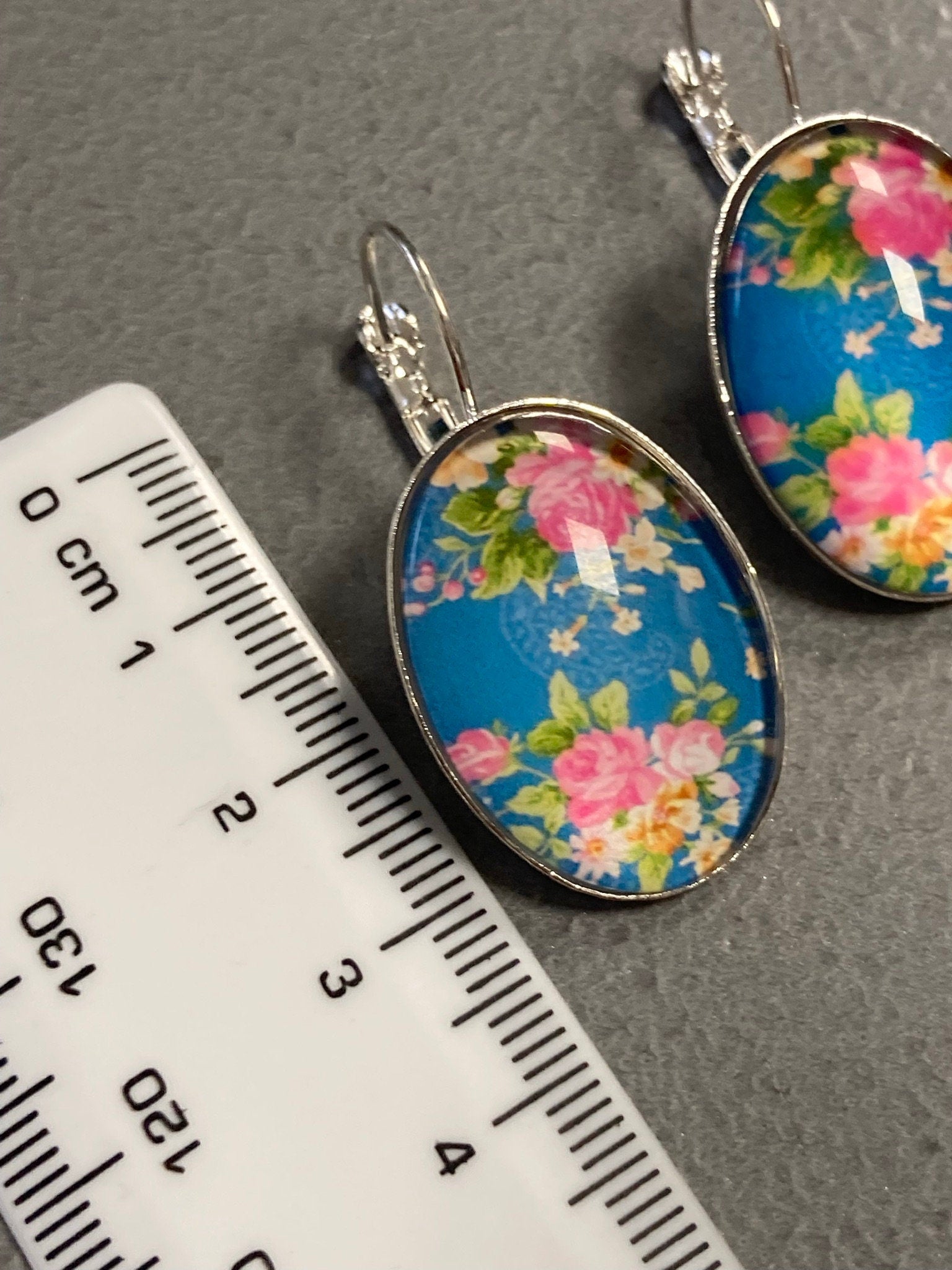 Pink roses garden flowers oval glass cabochon earrings