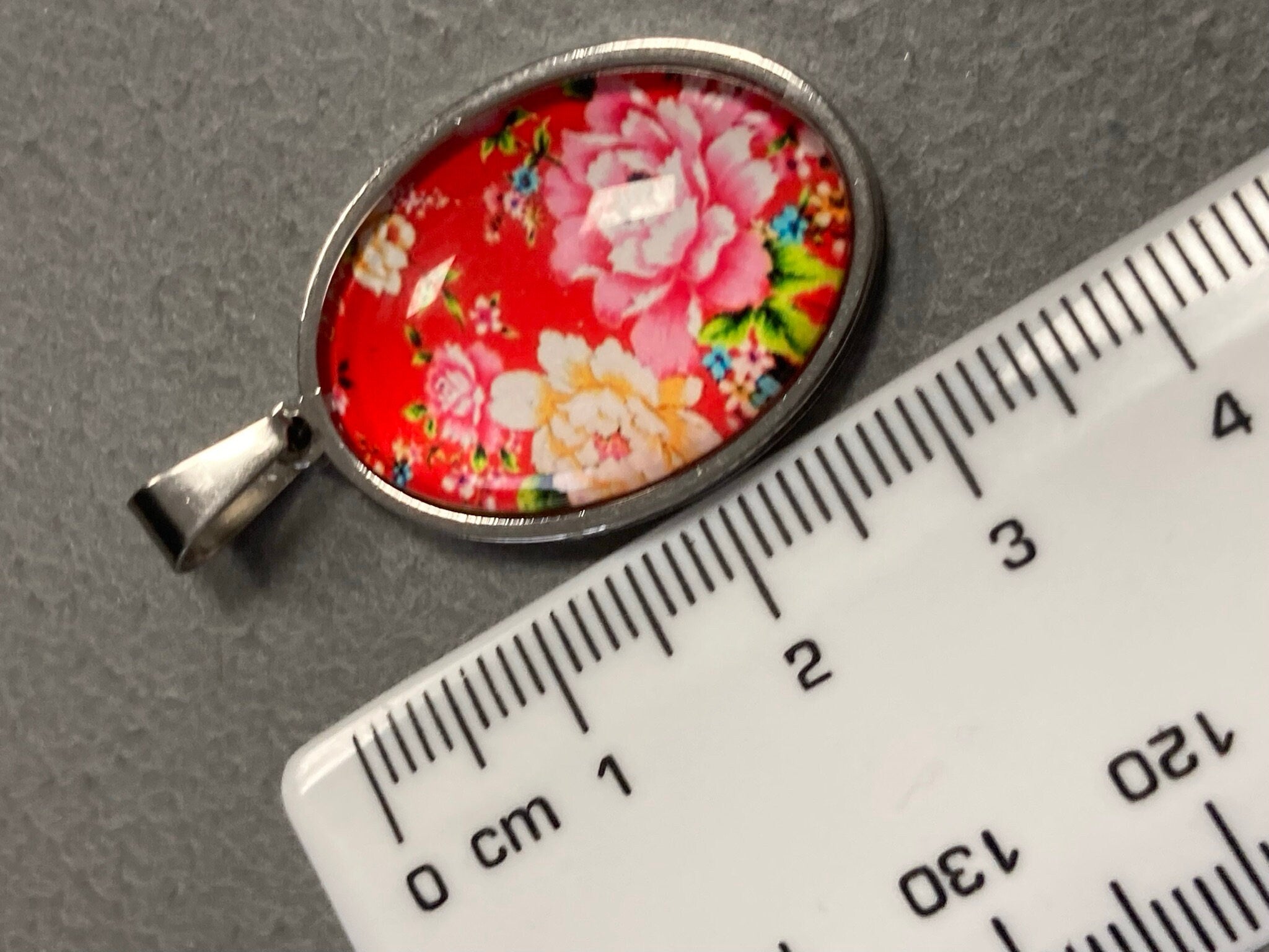 Floral Glass Cabochon Pendant: Red & Pink Roses, Silver Plated