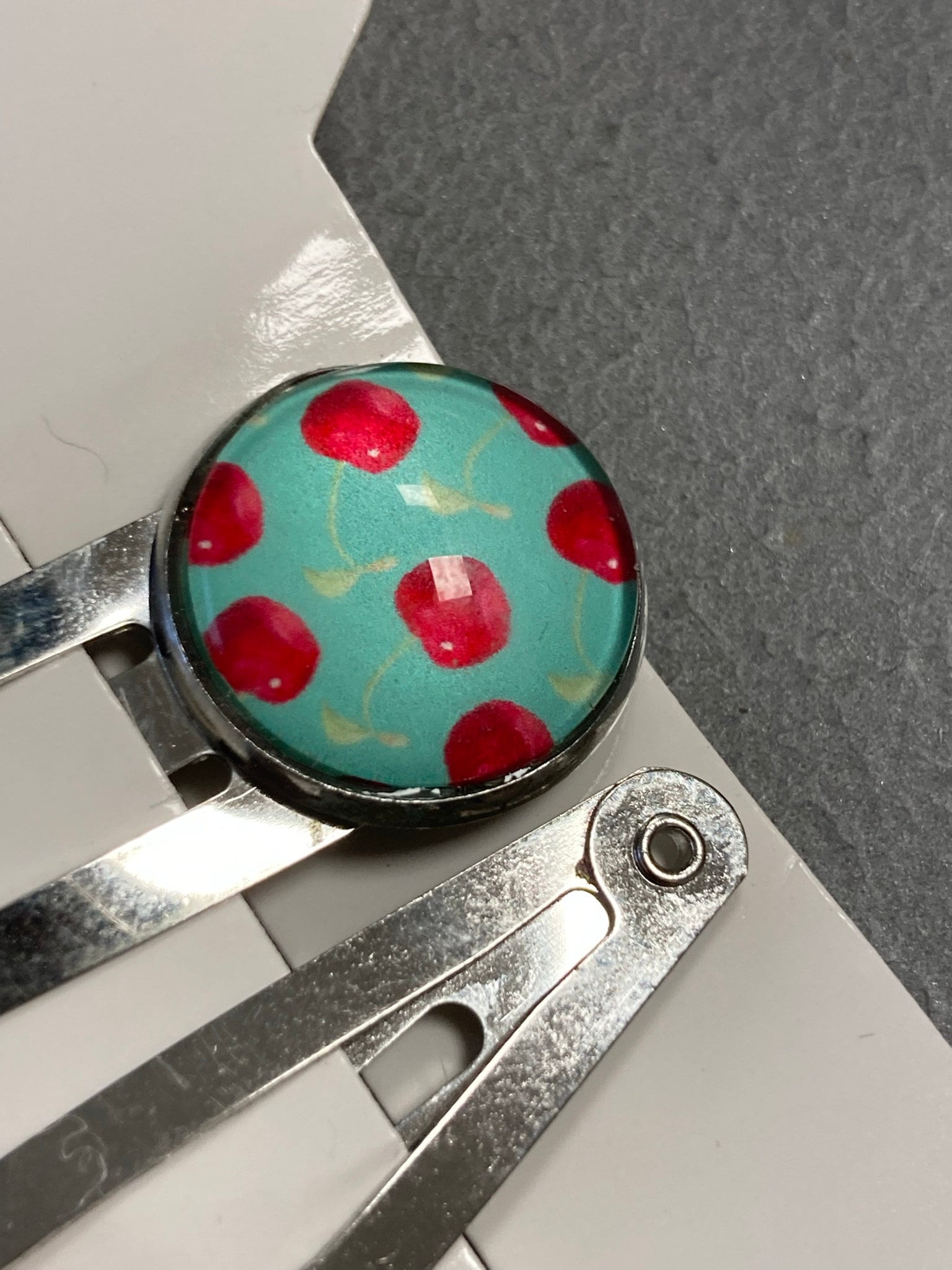 pair of CHERRY hair clips silver tone snap lock
