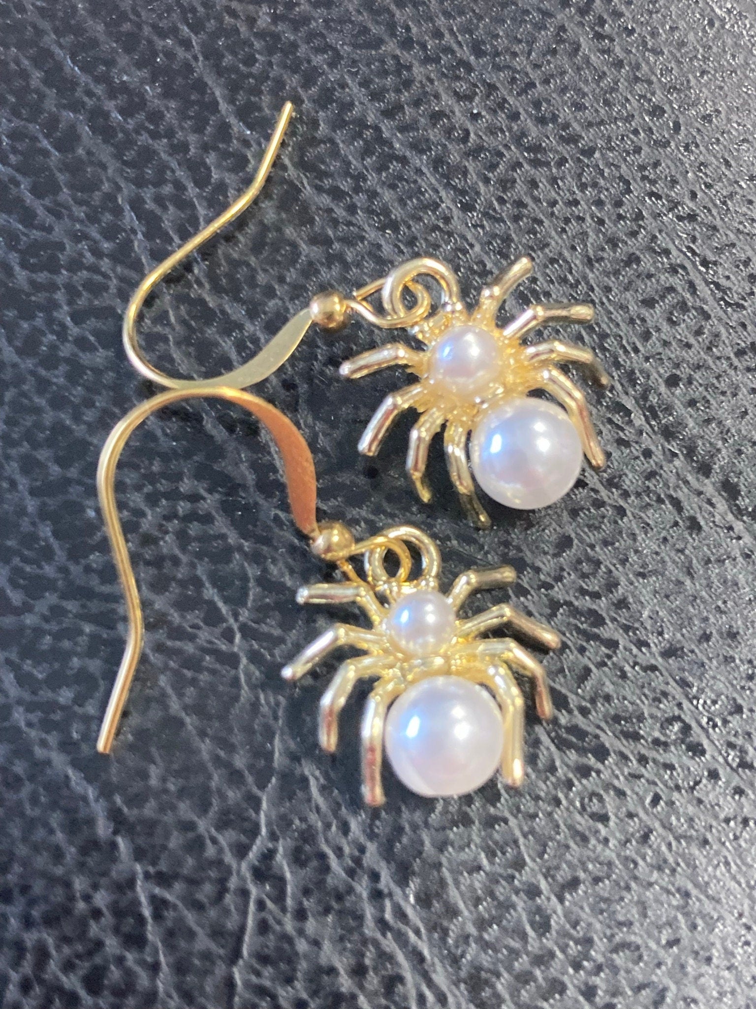 small Spider earrings , pearl drop Handmade gold tone