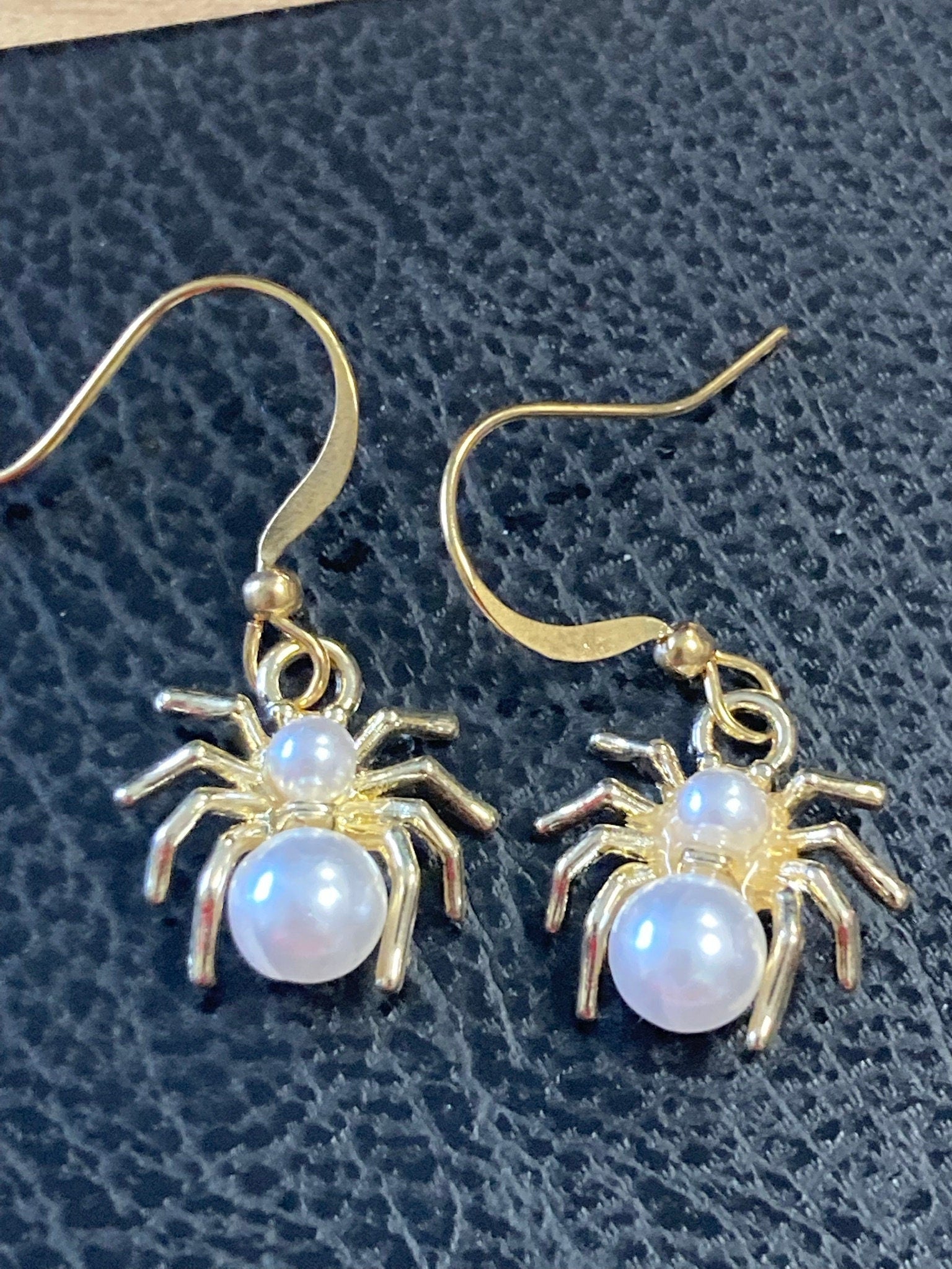 small Spider earrings , pearl drop Handmade gold tone