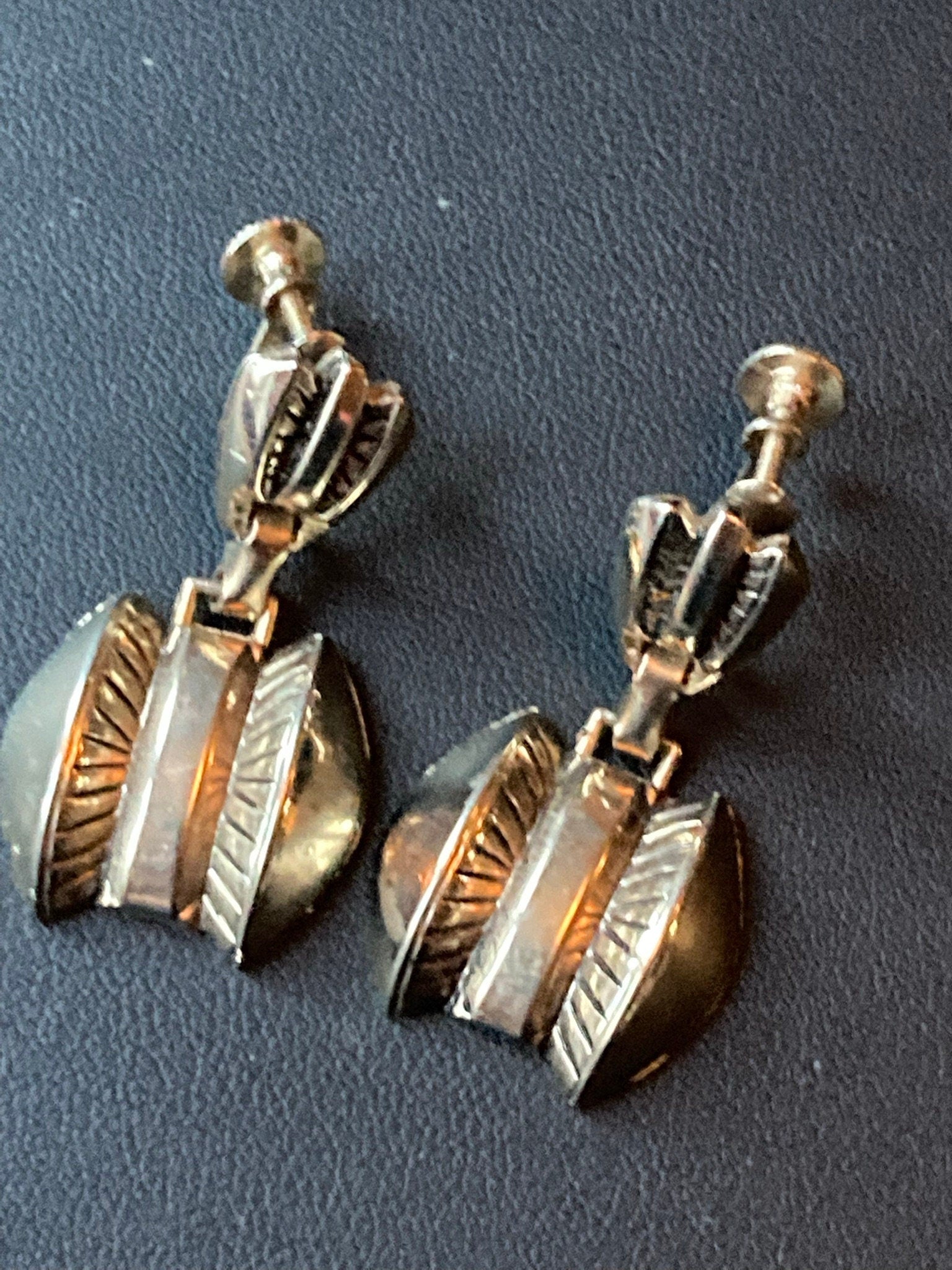 Vintage Gold geometric long drop earrings clip on dangly