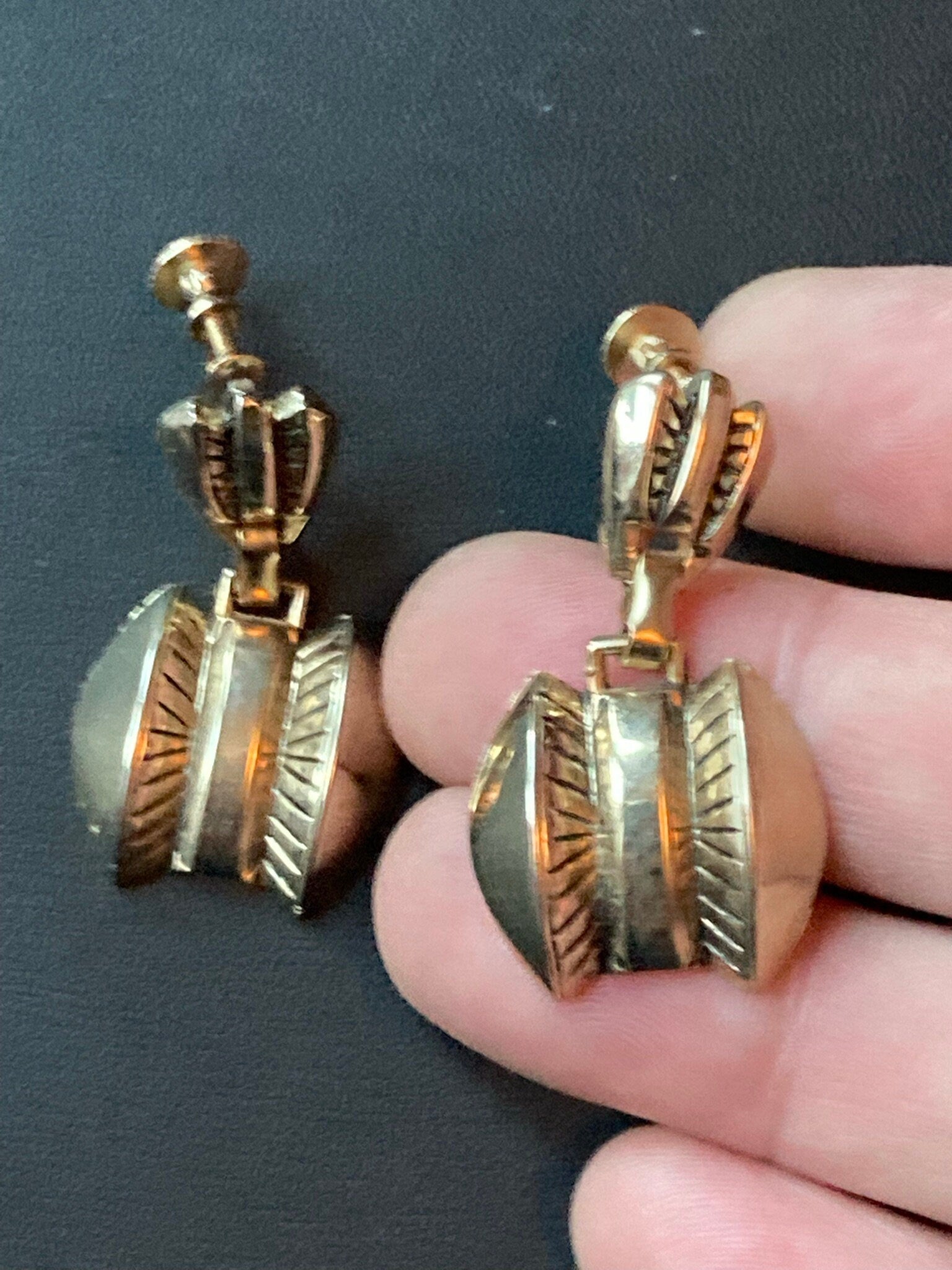 Vintage Gold geometric long drop earrings clip on dangly