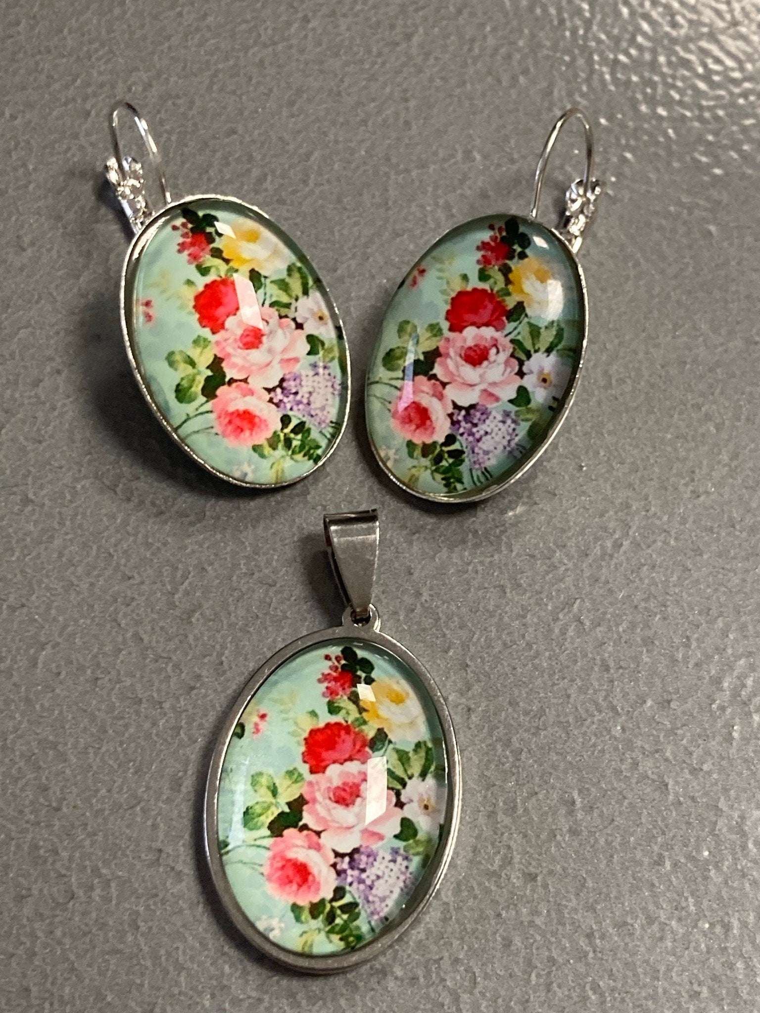 Red Pink roses Spring garden flowers oval glass cabochon floral earrings