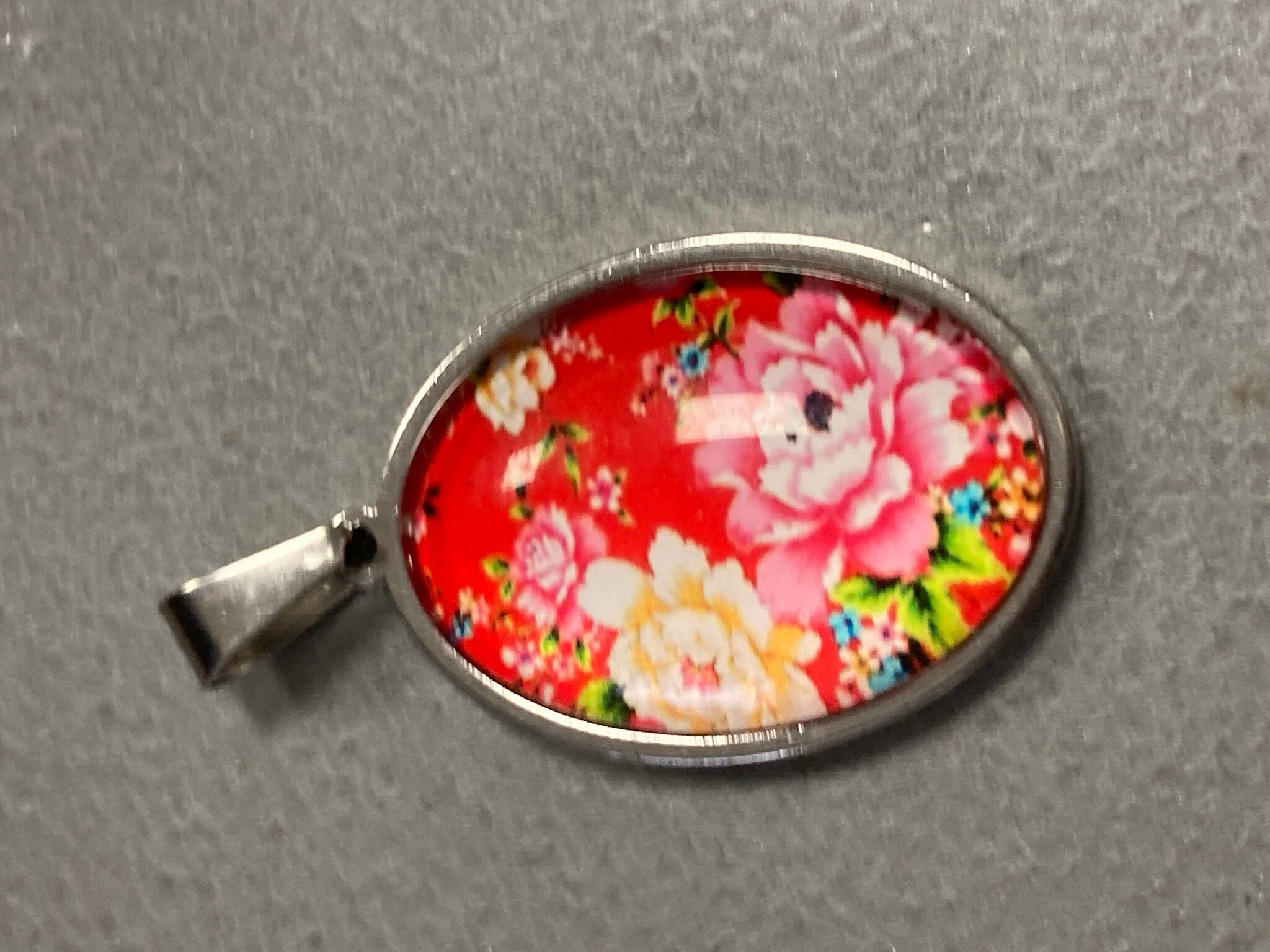 Floral Glass Cabochon Pendant: Red & Pink Roses, Silver Plated