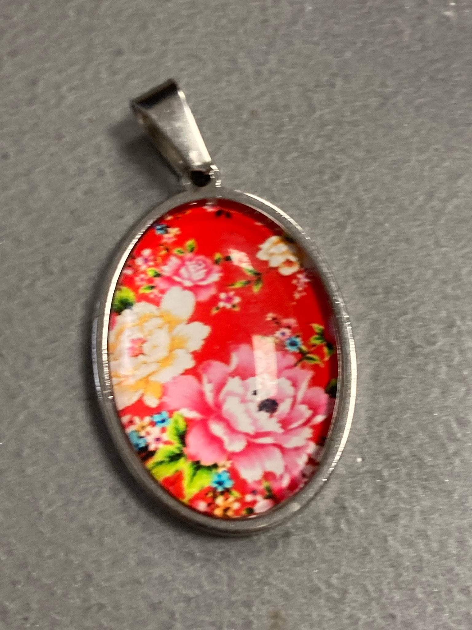 Floral Glass Cabochon Pendant: Red & Pink Roses, Silver Plated