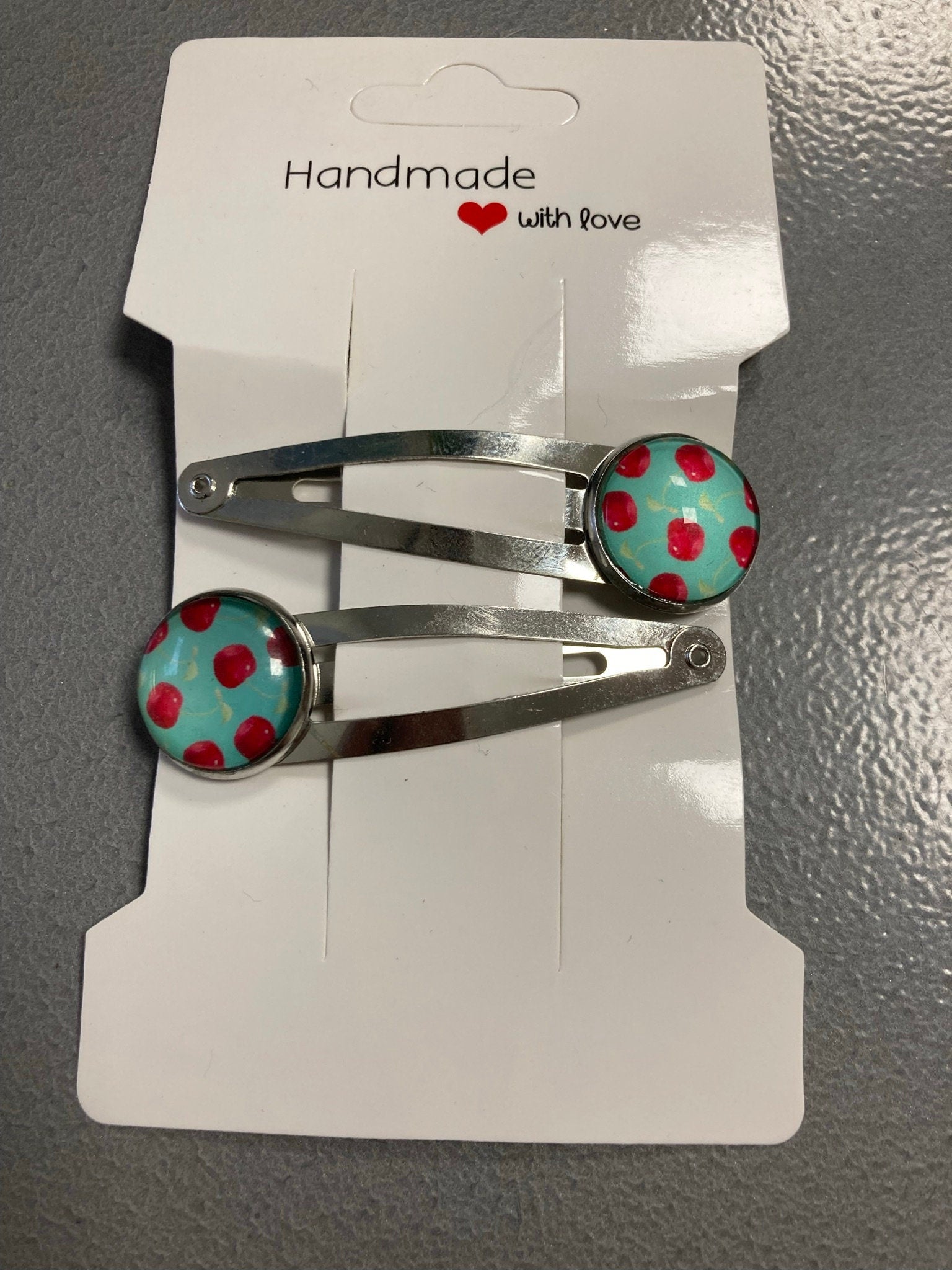 pair of CHERRY hair clips silver tone snap lock