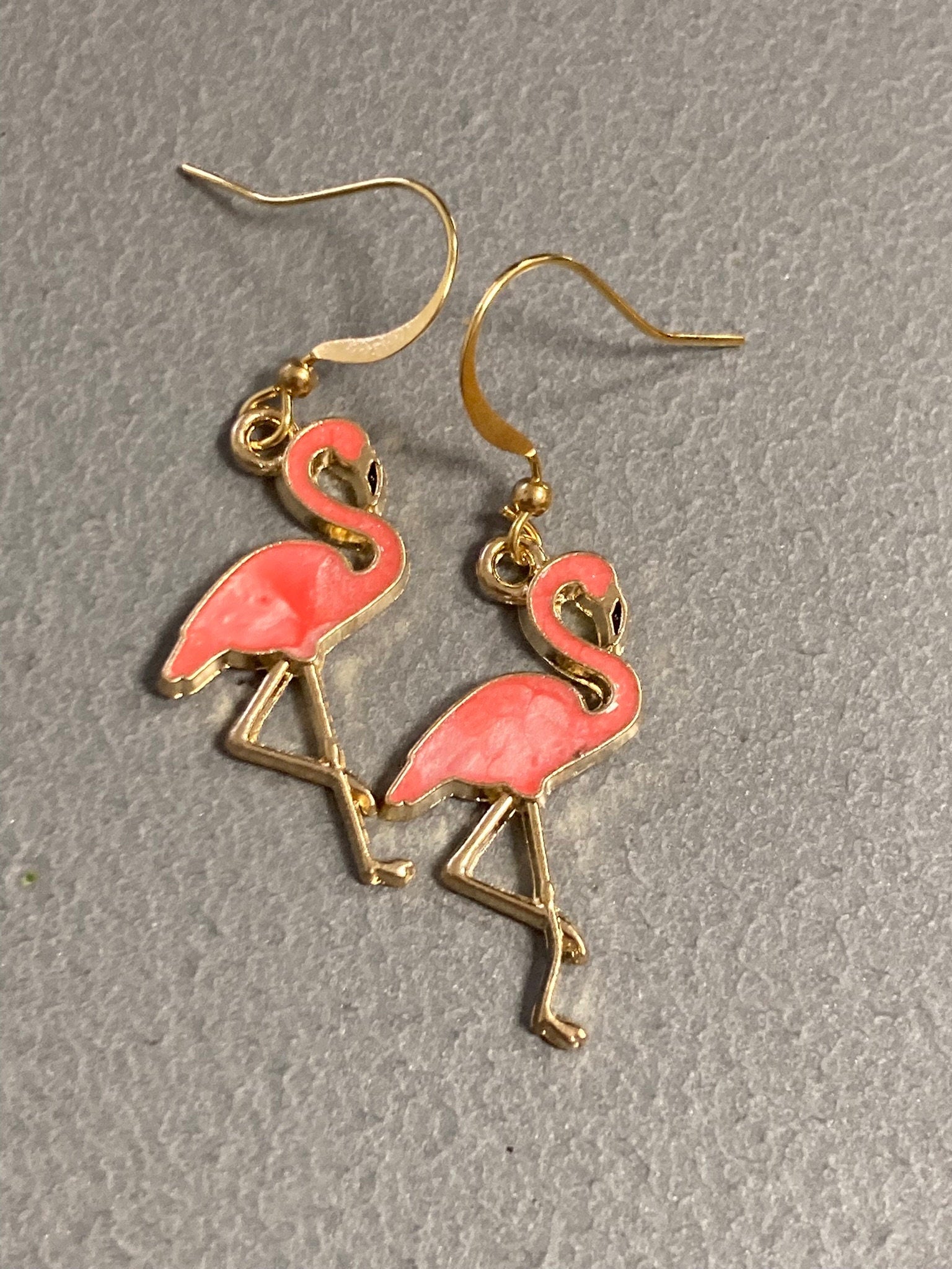 Pink enamel Flamingo drop earrings gold tone metal
