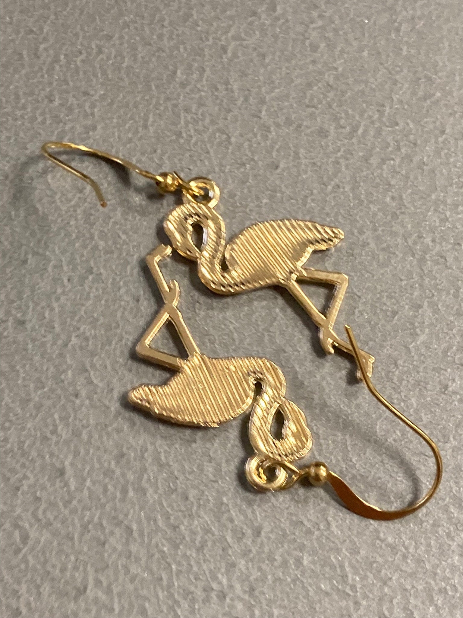 Pink enamel Flamingo drop earrings gold tone metal