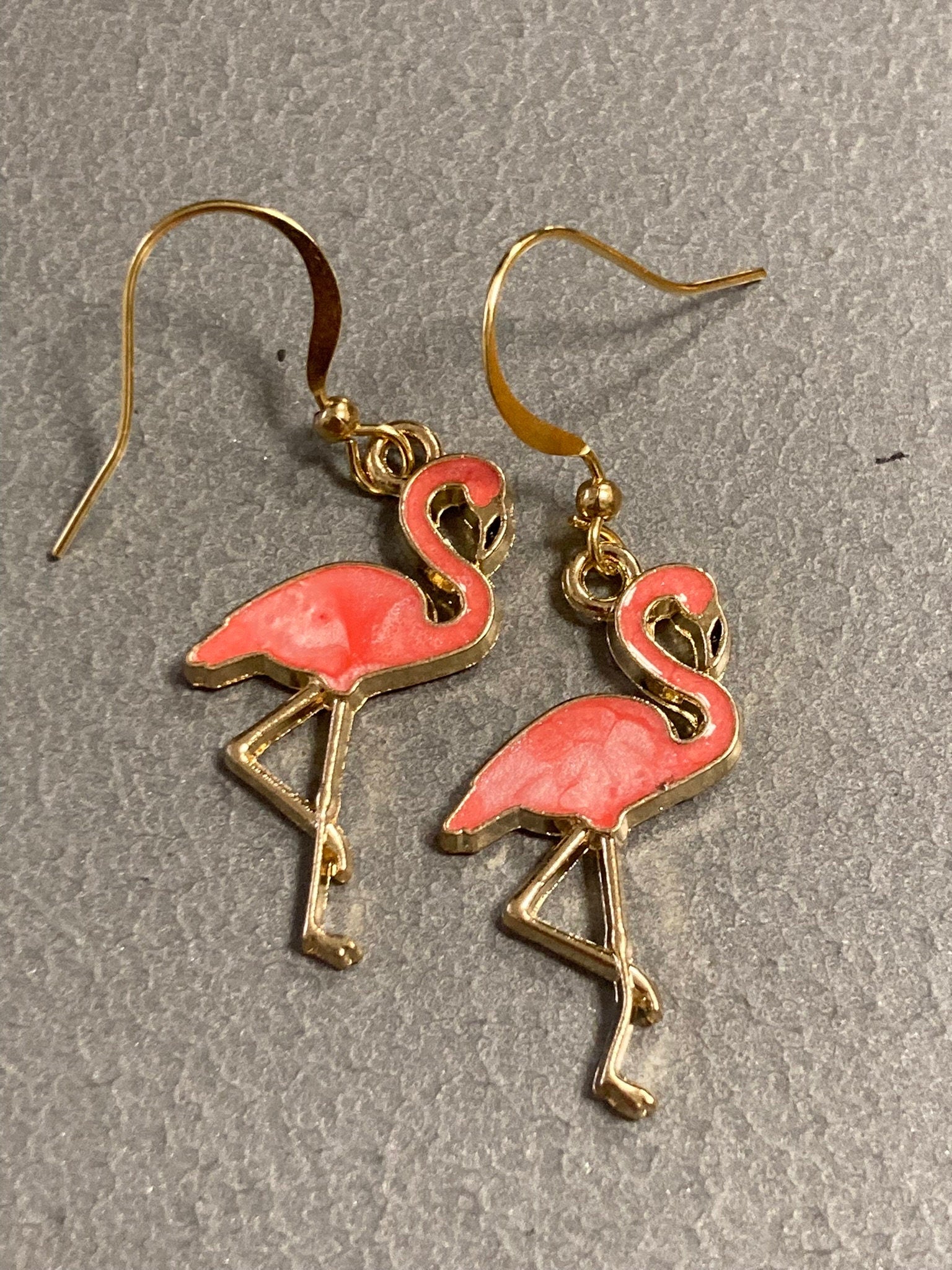 Pink enamel Flamingo drop earrings gold tone metal