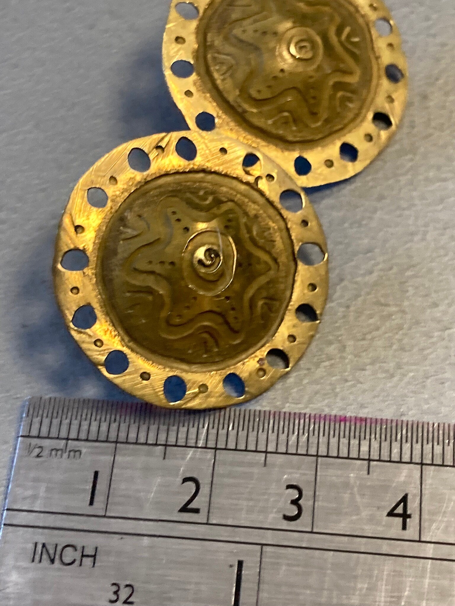 Antique vintage Etruscan Mid Century brass cut out work round stud earrings