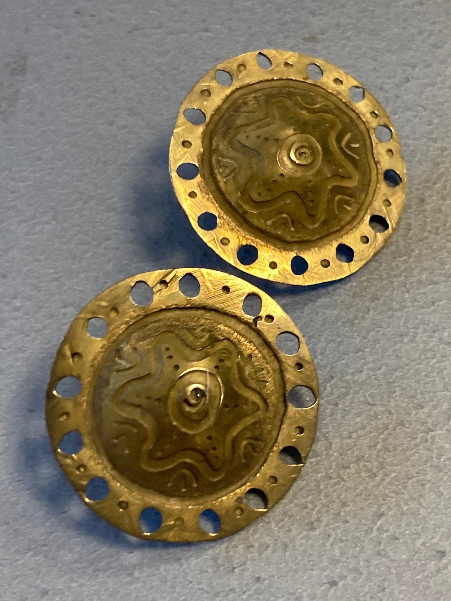 Antique vintage Etruscan Mid Century brass cut out work round stud earrings
