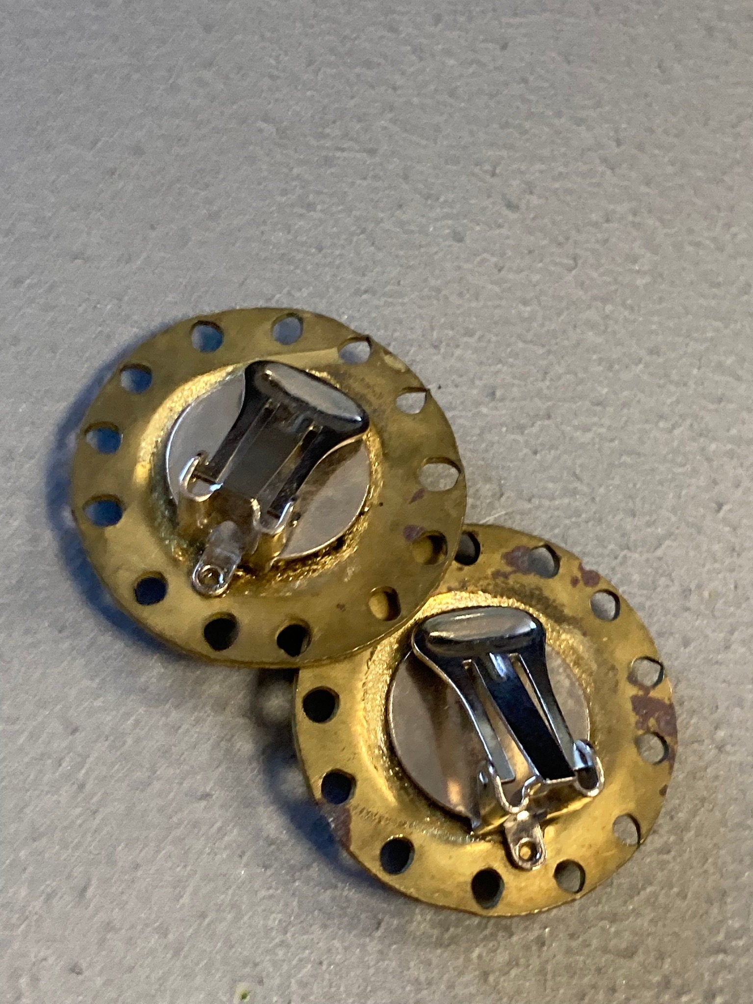 Antique vintage Etruscan Mid Century brass cut out work round stud earrings