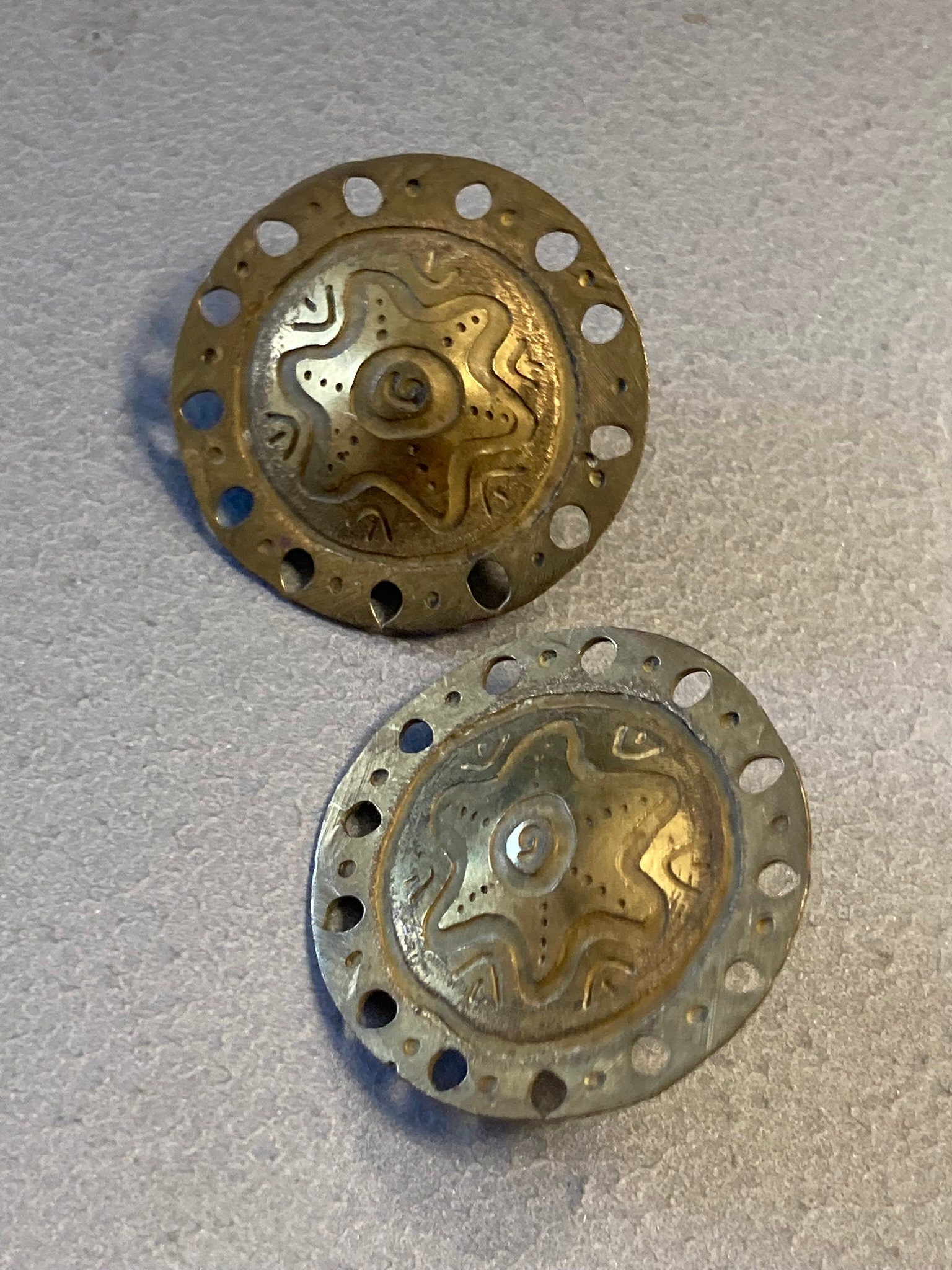 Antique vintage Etruscan Mid Century brass cut out work round stud earrings