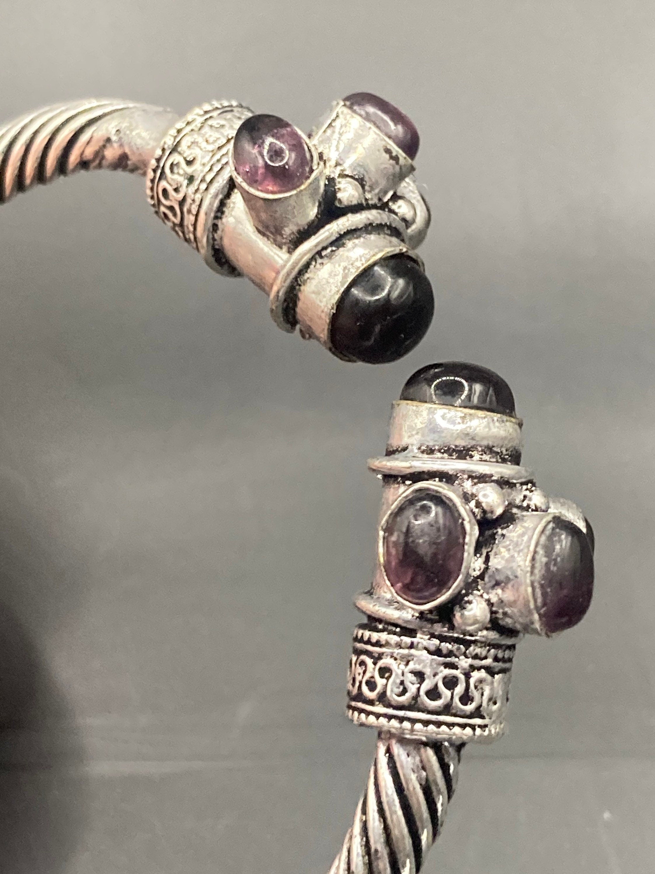 purple amethyst GEMSTONE Bangle silver tone torque bracelet