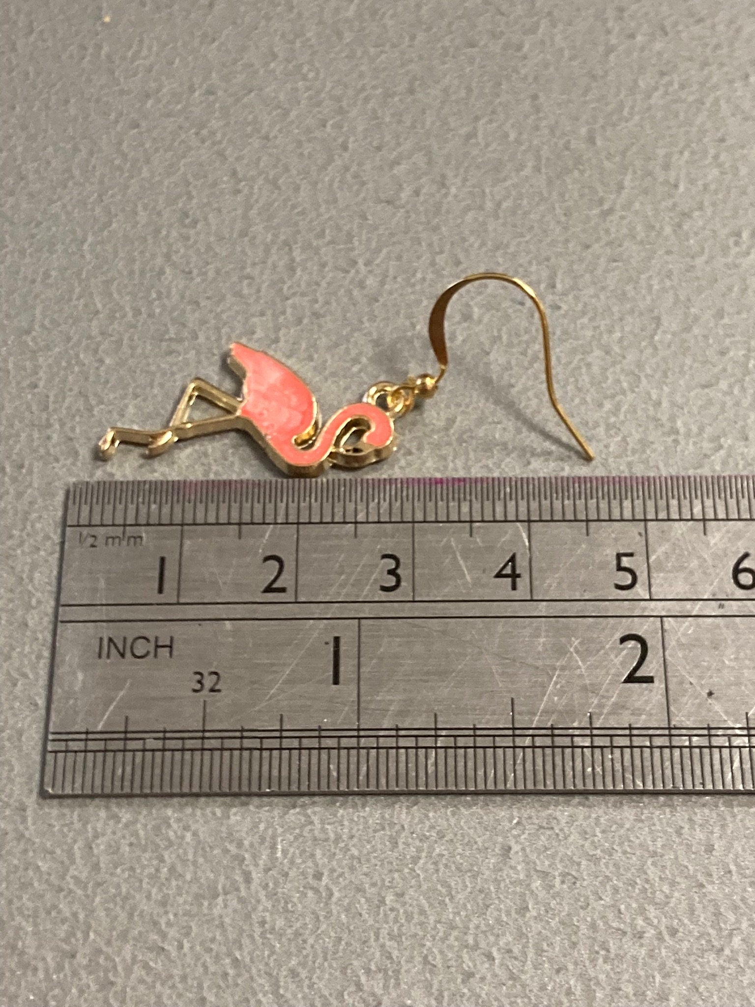 Pink enamel Flamingo drop earrings gold tone metal