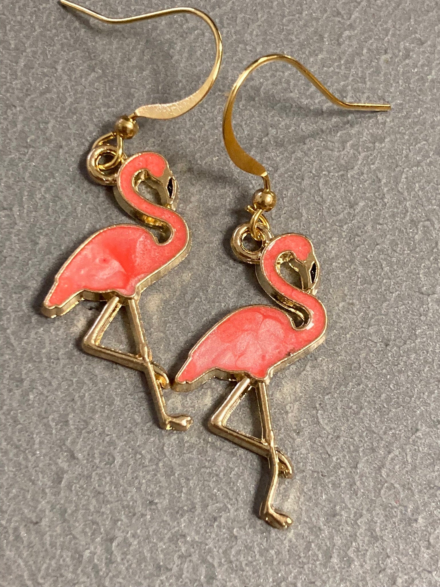 Pink enamel Flamingo drop earrings gold tone metal