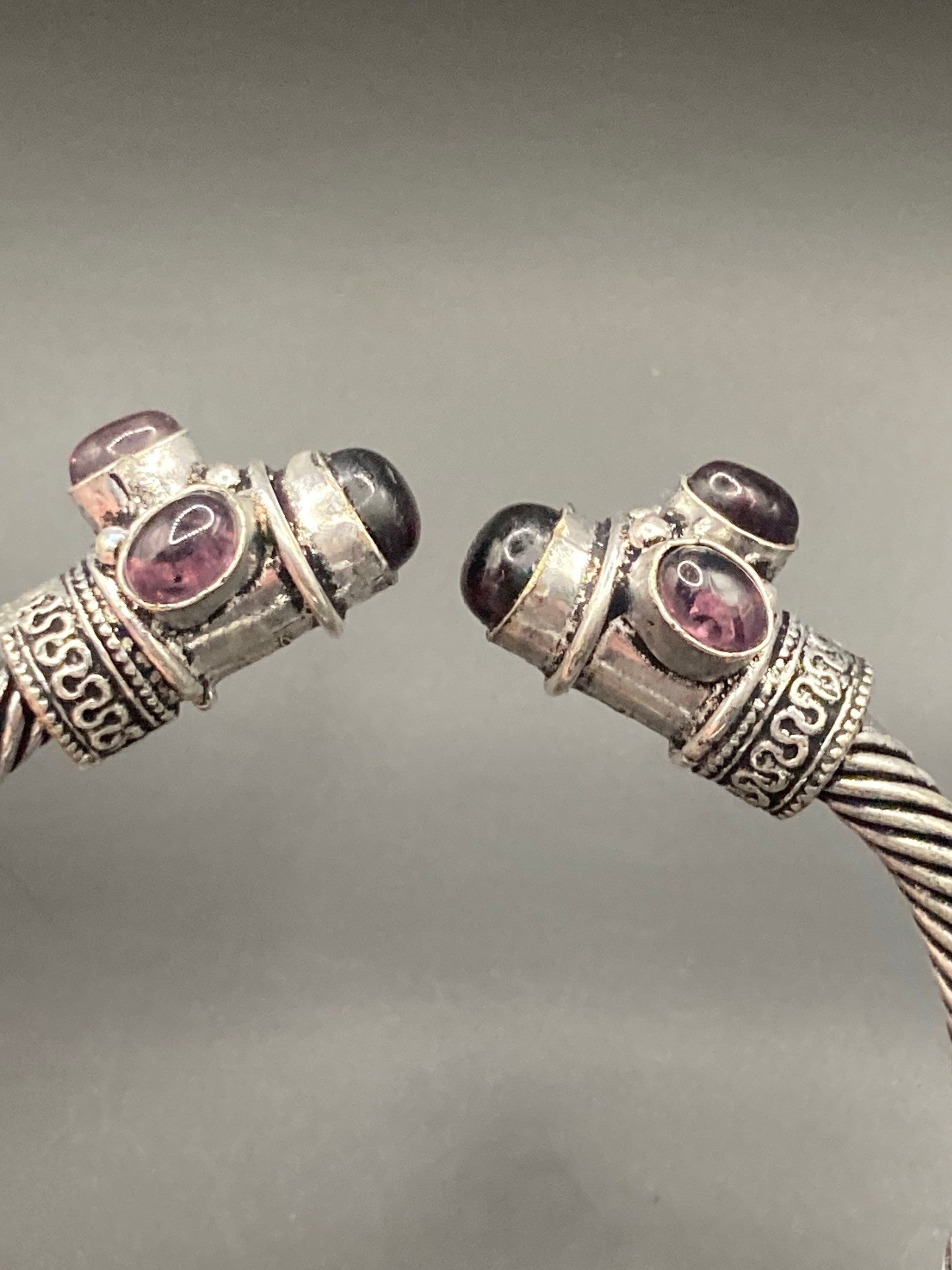 purple amethyst GEMSTONE Bangle silver tone torque bracelet