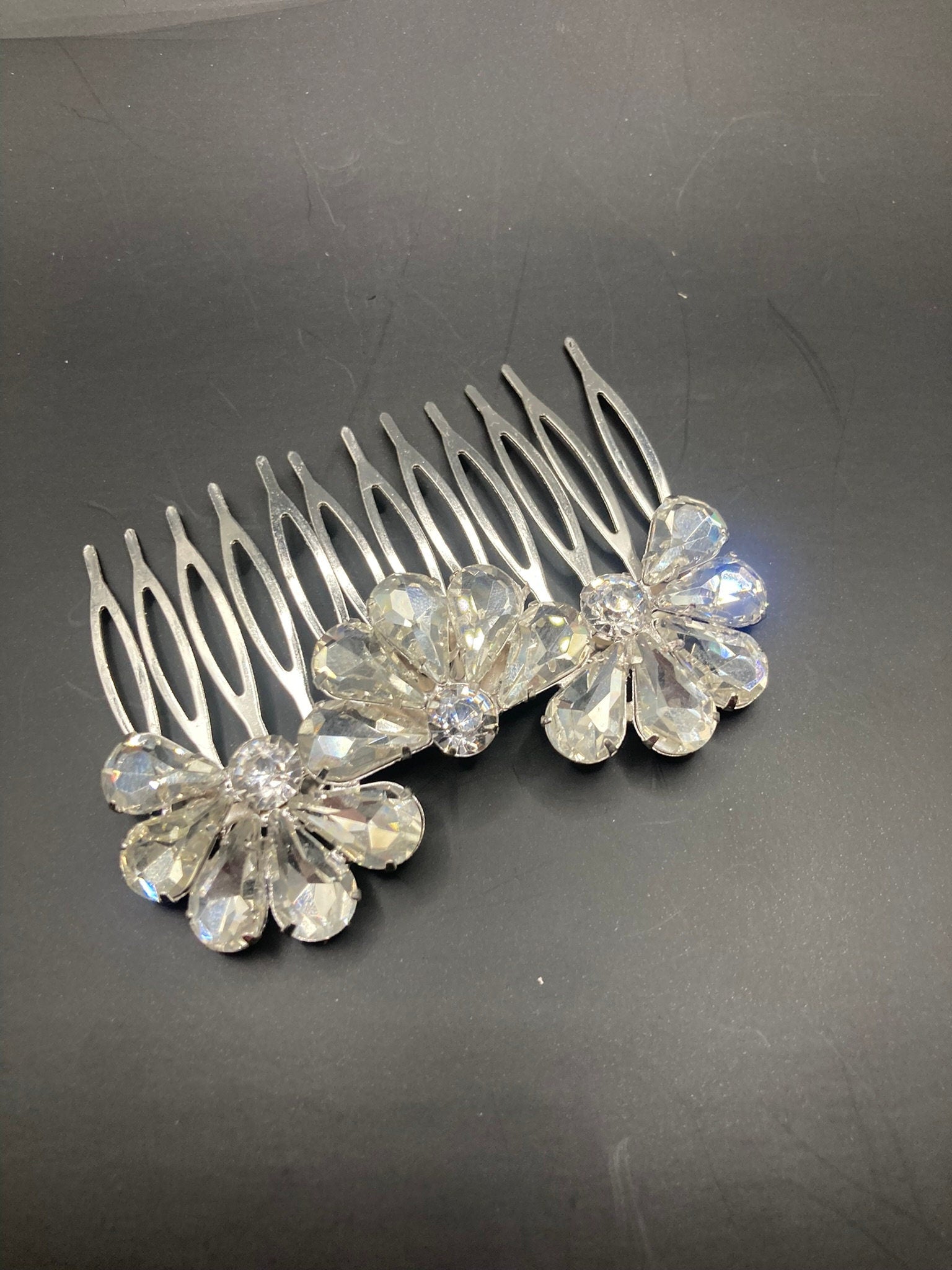 Silver clear rhinestone paste diamanté crystal hair slide clip