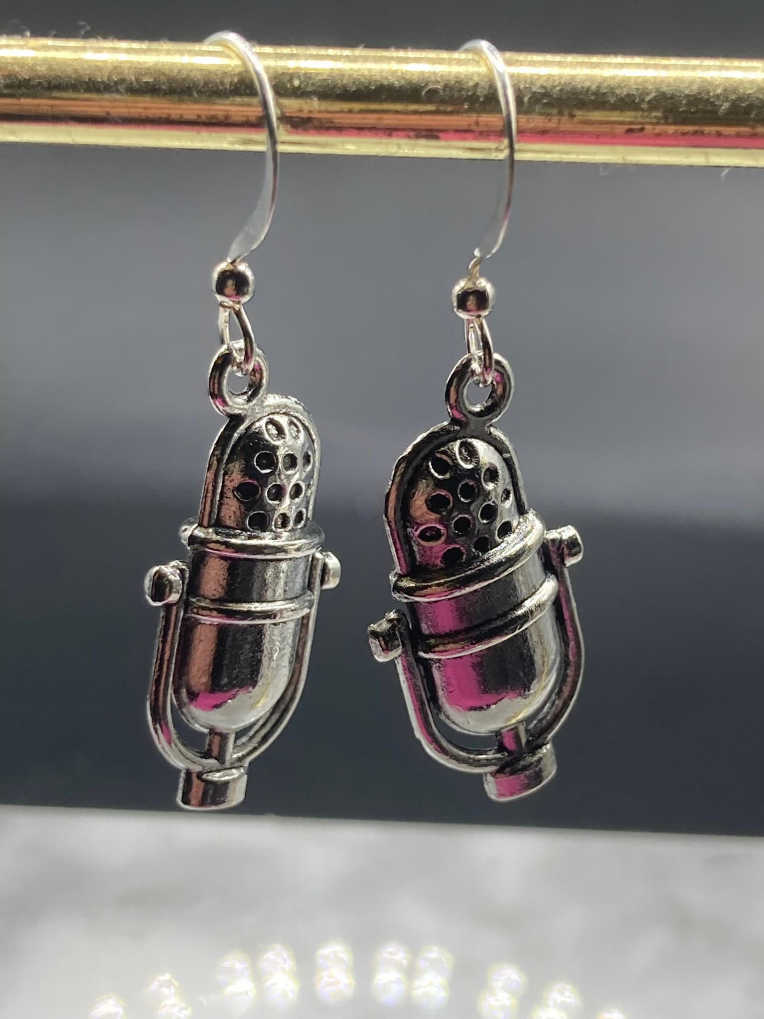 Novelty microphone earrings, pierced silver tone vintage style