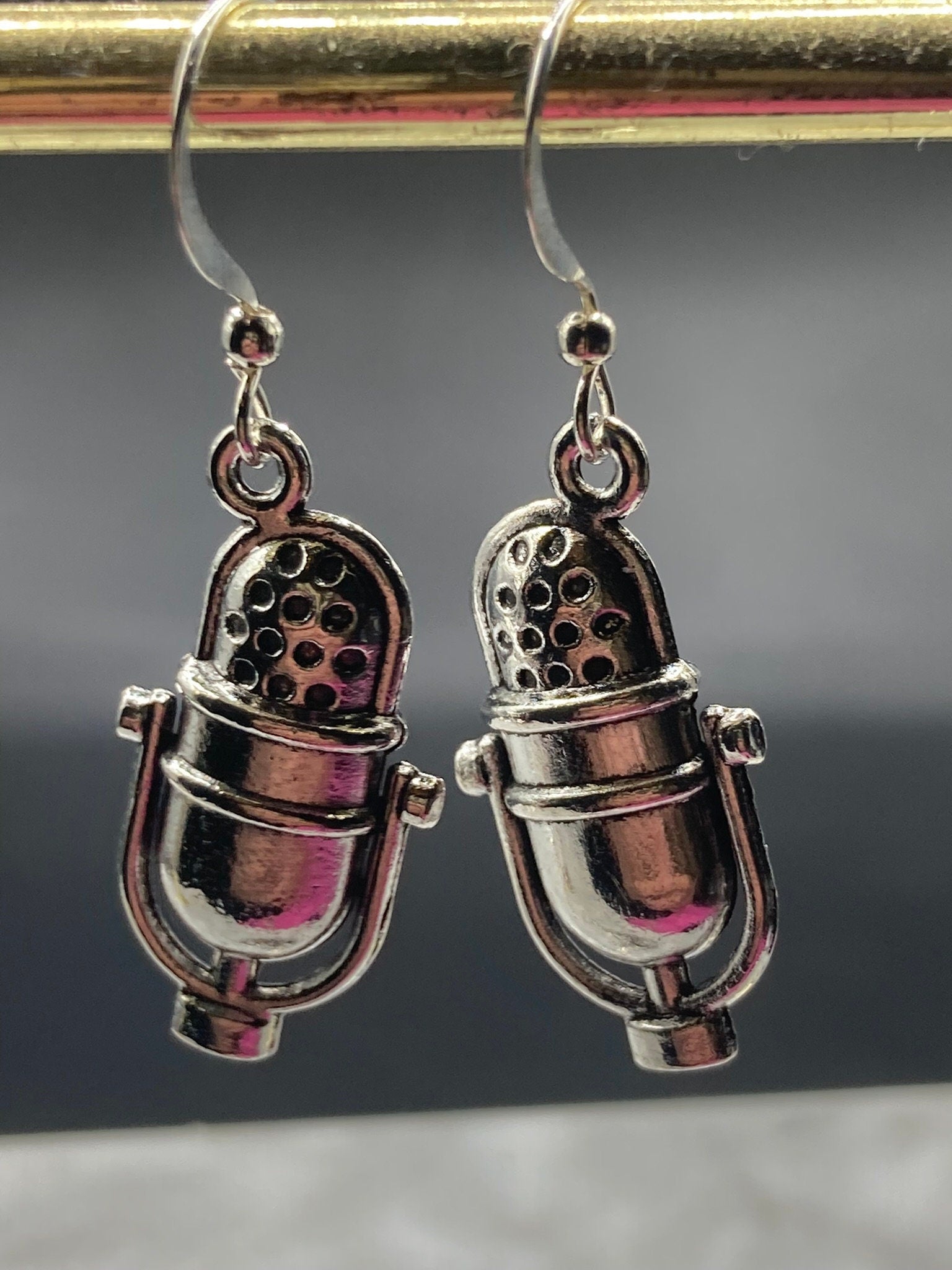 Novelty microphone earrings, pierced silver tone vintage style