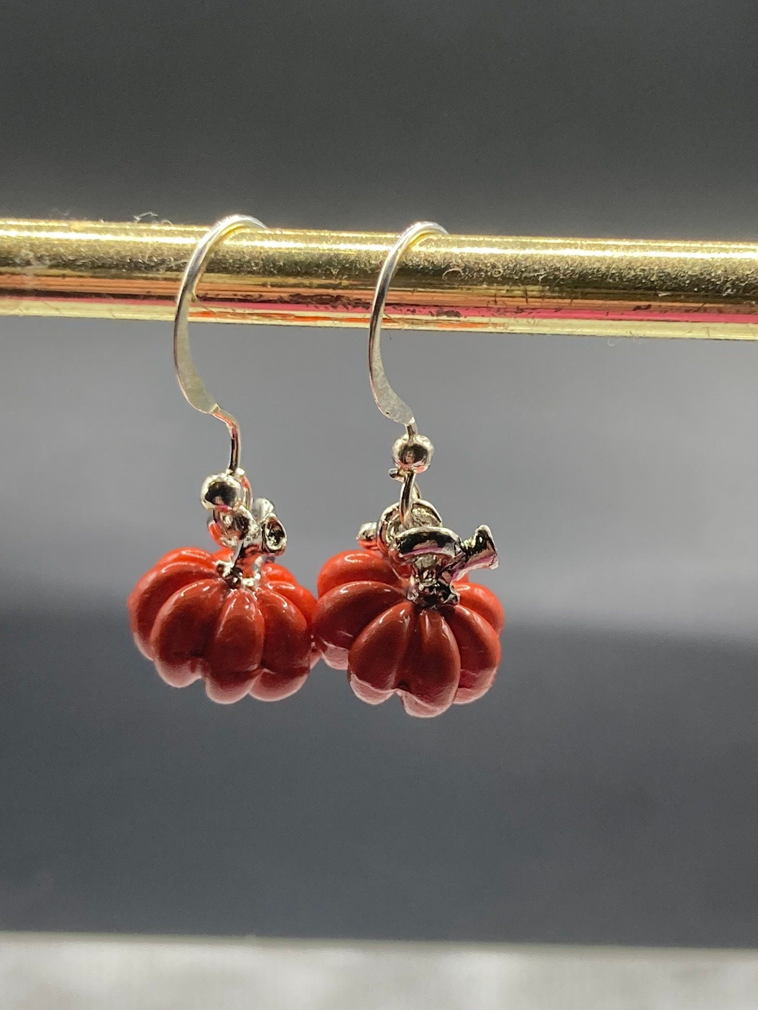orange enamel PUMPKIN earrings silver tone small drops for pierced ears Halloween